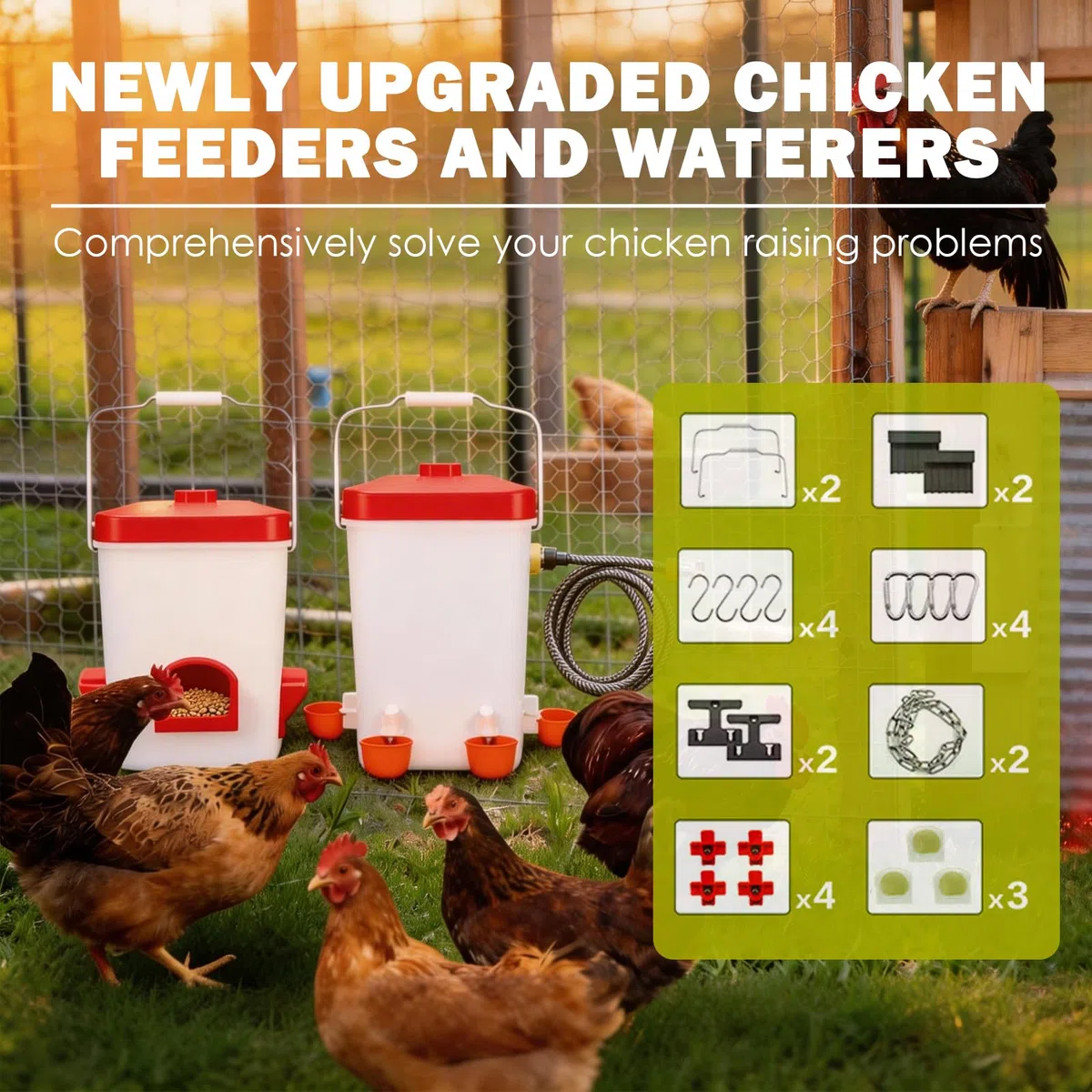Set Comedero y Bebedero Automático para Gallinas en Blanco y Rojo, Comedero Gallinas Anti Ratas con Manguera de Riego y Kit Completo de Accesorios de Montaje