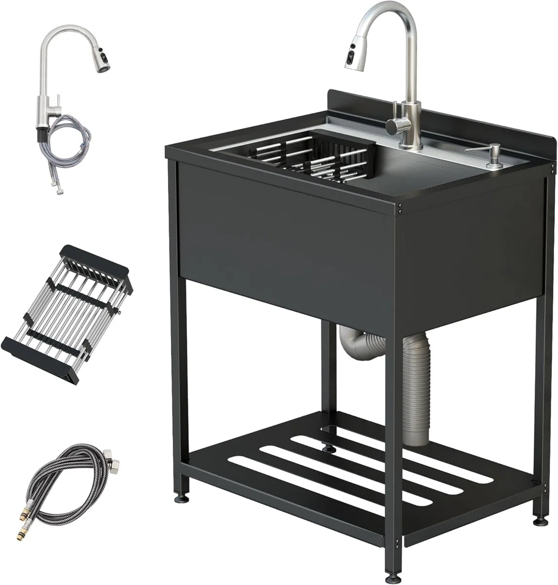 Fregadero de acero inoxidable de cocina, 1 bandeja profesional, 78 x 56 x 100 cm, independiente con grifo y accesorios, fregadero exterior e interior, inmersión de acero inoxidable para cocina