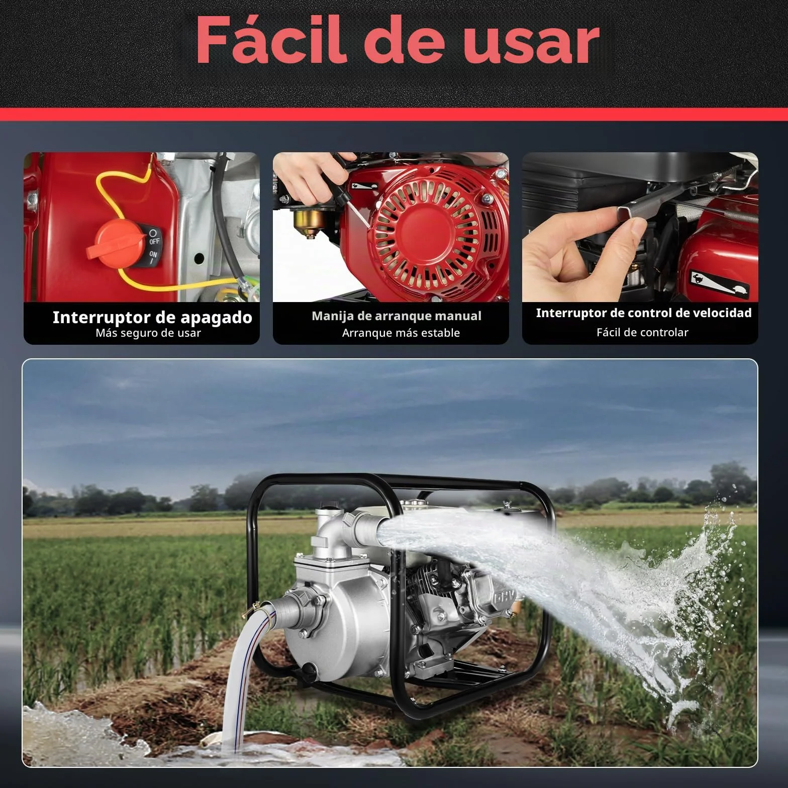 Bomba de agua de gasolina de 4 tiempos, 6,5 CV, 210 cc, bomba de agua sucia con 36 m³/h (60.000 l/h) y altura de extracción de 28 m, conexión de 2 pulgadas, profundidad de aspiración de 7 m para