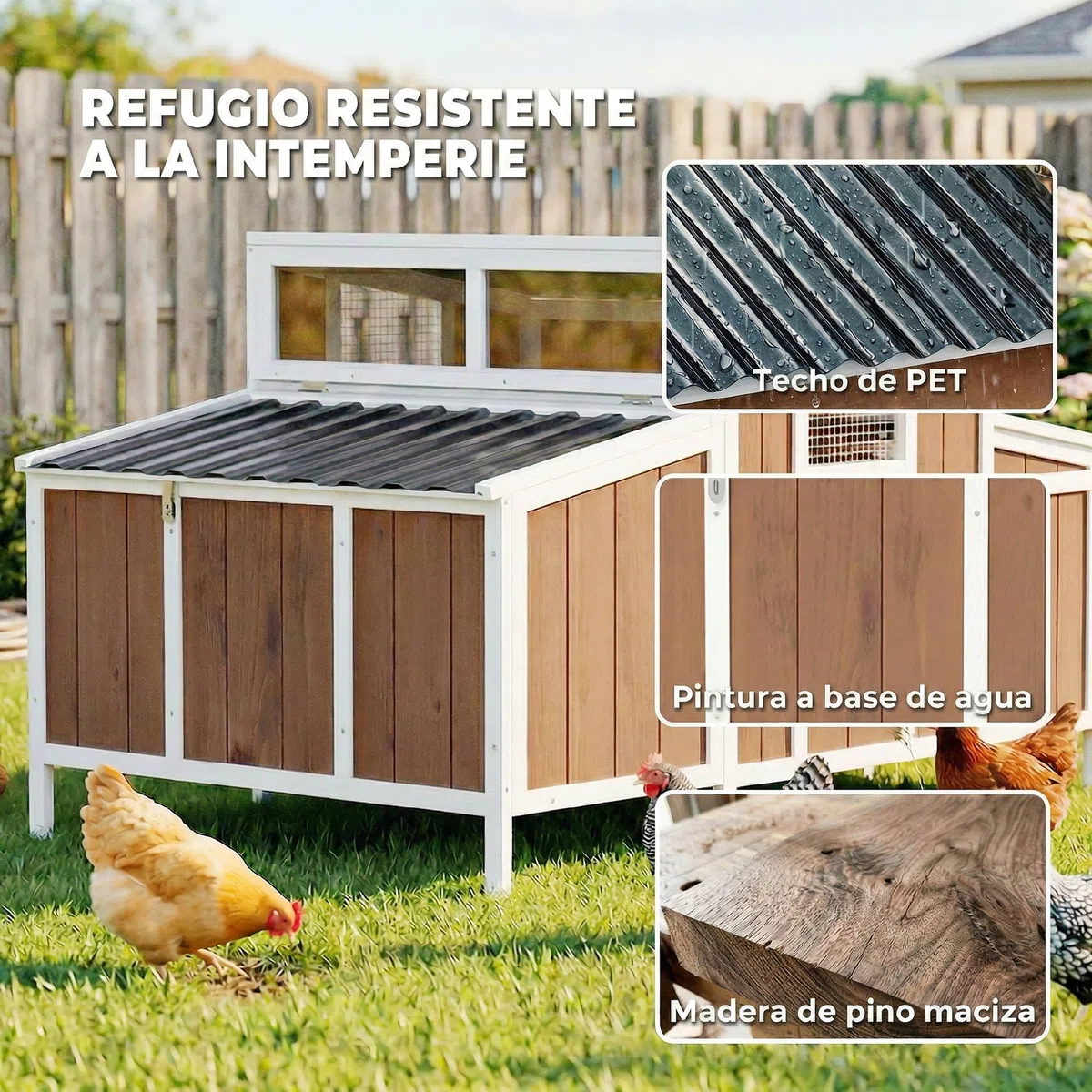 PawHut Gallinero para Exterior de Madera, 145x90x92 cm para 2-4 Gallinas, Gallinero con Nido, Casa Lateral, Bandeja Extraíble, Techo Impermeable, Puertas con Cerradura, Perchas, Conejera, Marrón Claro
