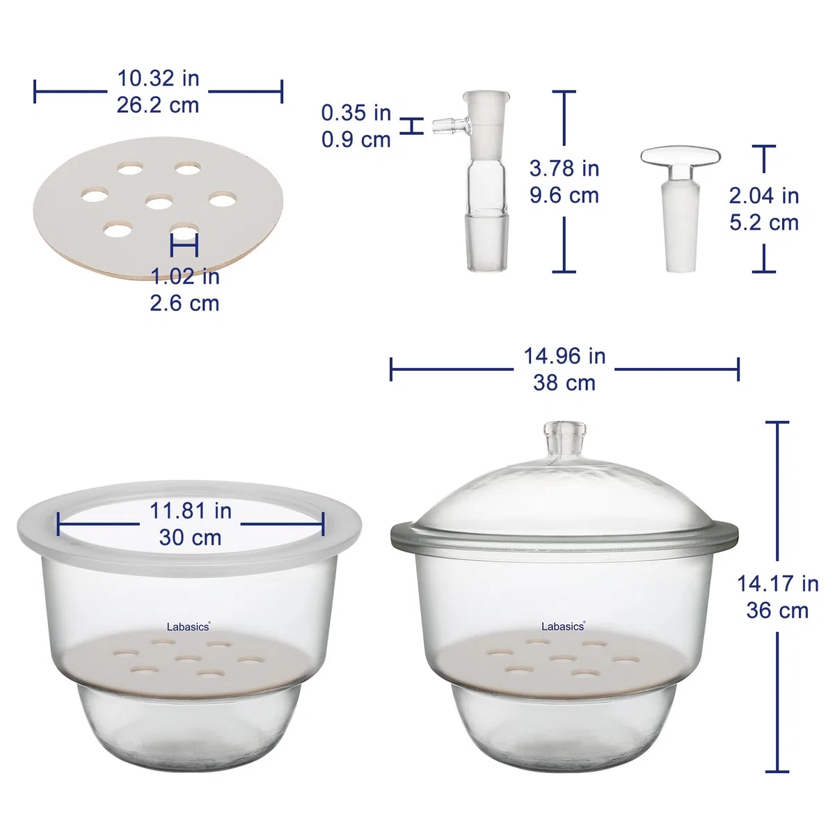 Labasics Desecador de Vacío de Vidrio, Desecador de Vacío de Vidrio con Válvula de Vacío de Vidrio y Placa de Porcelana para Investigación de Laboratorio, 300 mm