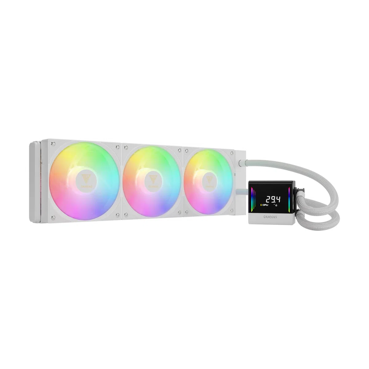 GAMDIAS CHIONE E4 - Enfriador líquido AIO de CPU de 360 mm, pantalla digital en tiempo real, bomba PWM patentada, 3 ventiladores de 120 mm de fácil gestión de cables con sincronización ARGB, Intel LGA