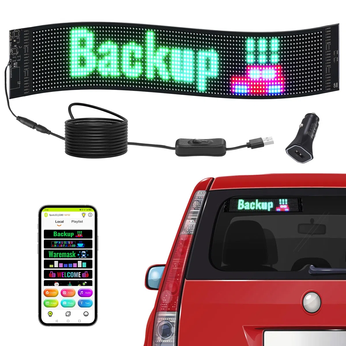 VEVOR Señal Luminosa LED Programable Flexible, Cartelera Desplazable a Todo Color P6, Panel Publicitario LED, Control de Aplicación Bluetooth, para Tienda, Bar, Publicidad, 68x12 cm