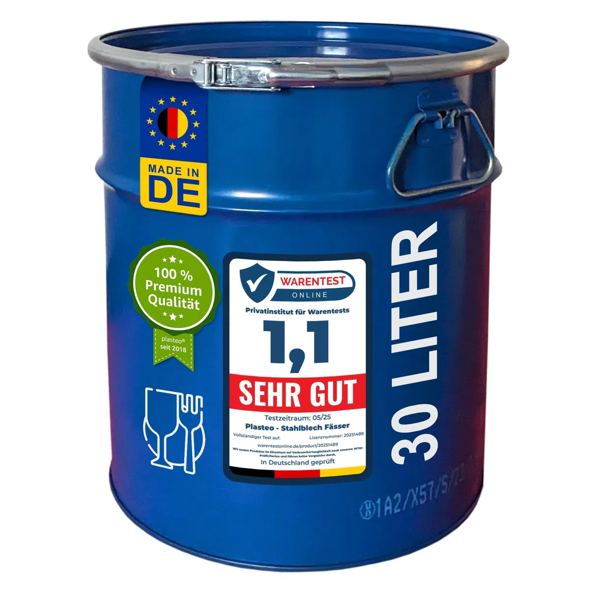 plasteo® Barril de acero Hobbock de 30 litros, apto para aspiración ciclónica, apto para alimentos, aprobado por la ONU, fabricado en Alemania, contenedor de basura, 2 asas, estable y apilable