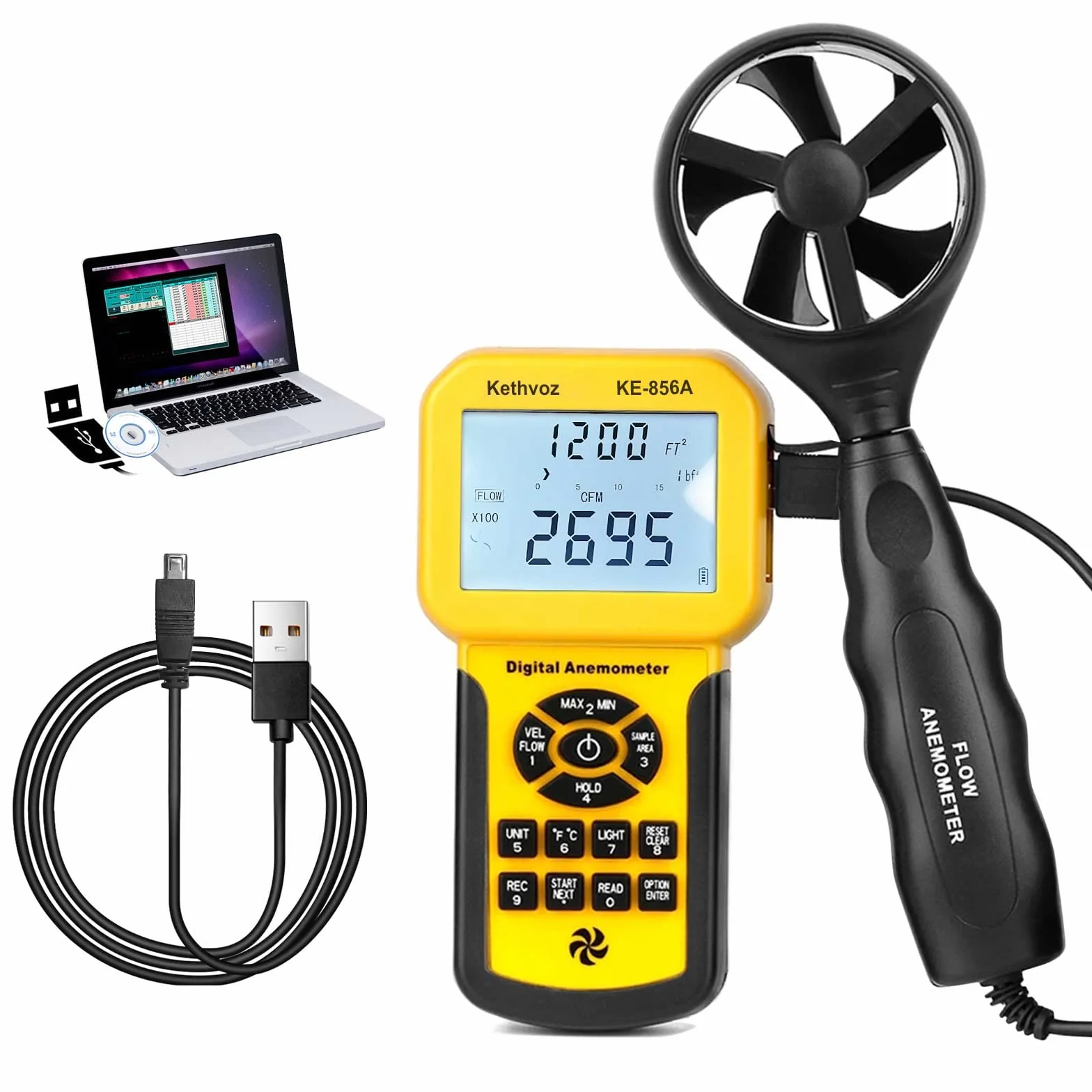 Kethvoz Anemómetro HVAC Medidor de Viento, CFM Meter Flujo Aire Velocidad Metro Industrial Anemometer Wind Speed Logger PC USB Connectable, Test Air Flow Volume Velocity Temperature