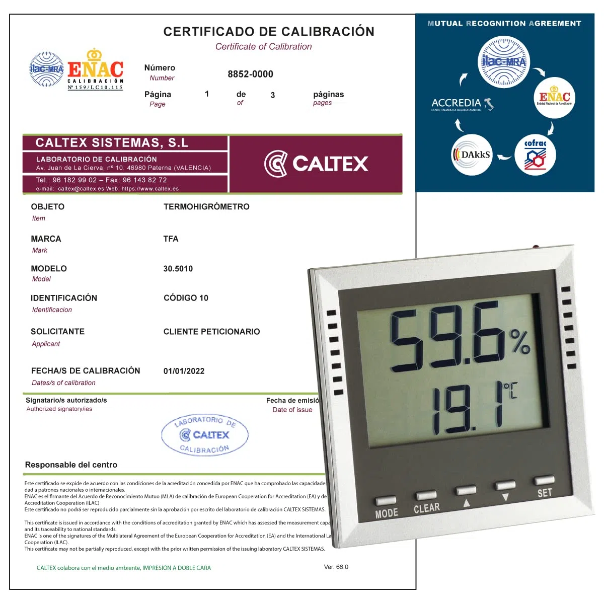 Termohigrómetro TFA 30.5010 - Termohigrómetro Calibrado ENAC - Incluye Certificado de Calibración Acreditado