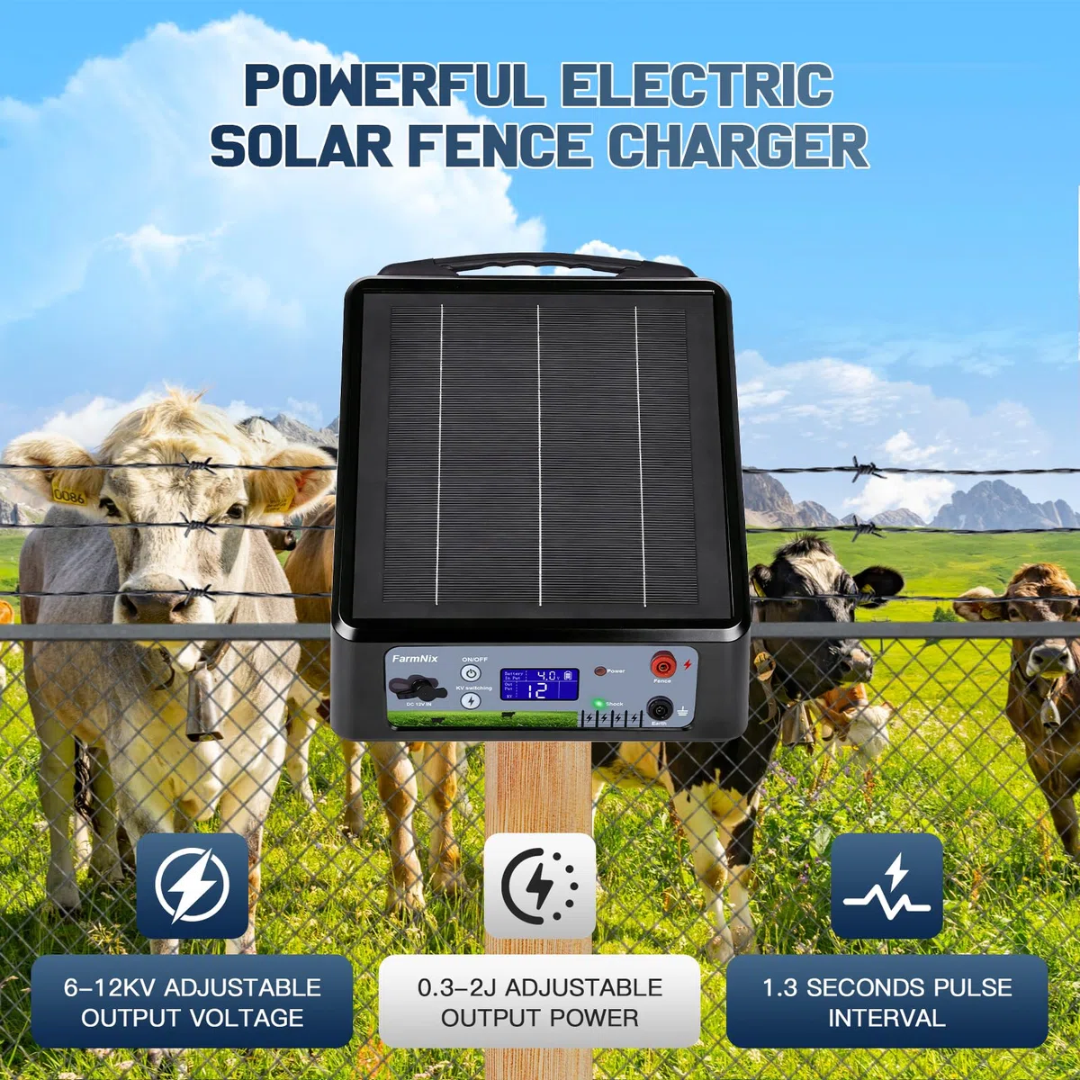 Pastor Eléctrico Solar 32km con Batería de Litio, Salida Ajustable 6-12KV 0.3-2J, Panel 6W & Batería 18Ah(18000mAh), IP55 Resistente para Caballos, Ganado, Jabalíes