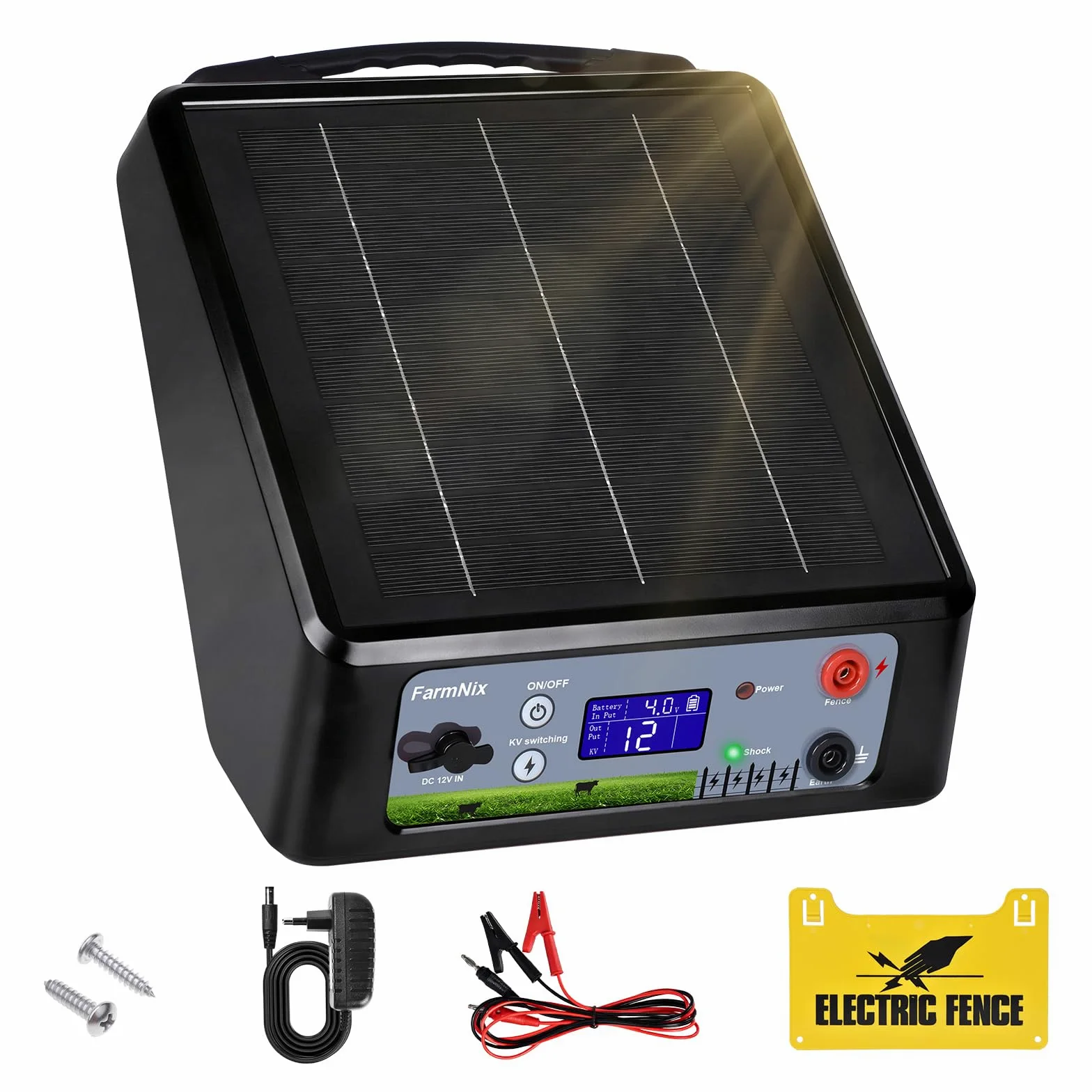Pastor Eléctrico Solar 32km con Batería de Litio, Salida Ajustable 6-12KV 0.3-2J, Panel 6W & Batería 18Ah(18000mAh), IP55 Resistente para Caballos, Ganado, Jabalíes