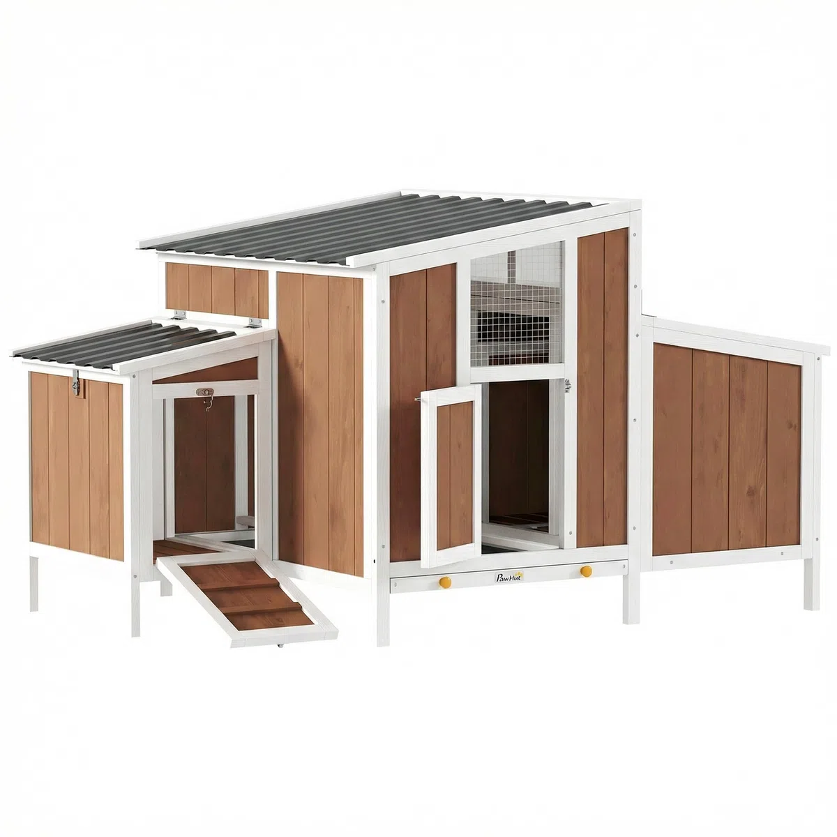 PawHut Gallinero para Exterior de Madera, 145x90x92 cm para 2-4 Gallinas, Gallinero con Nido, Casa Lateral, Bandeja Extraíble, Techo Impermeable, Puertas con Cerradura, Perchas, Conejera, Marrón Claro