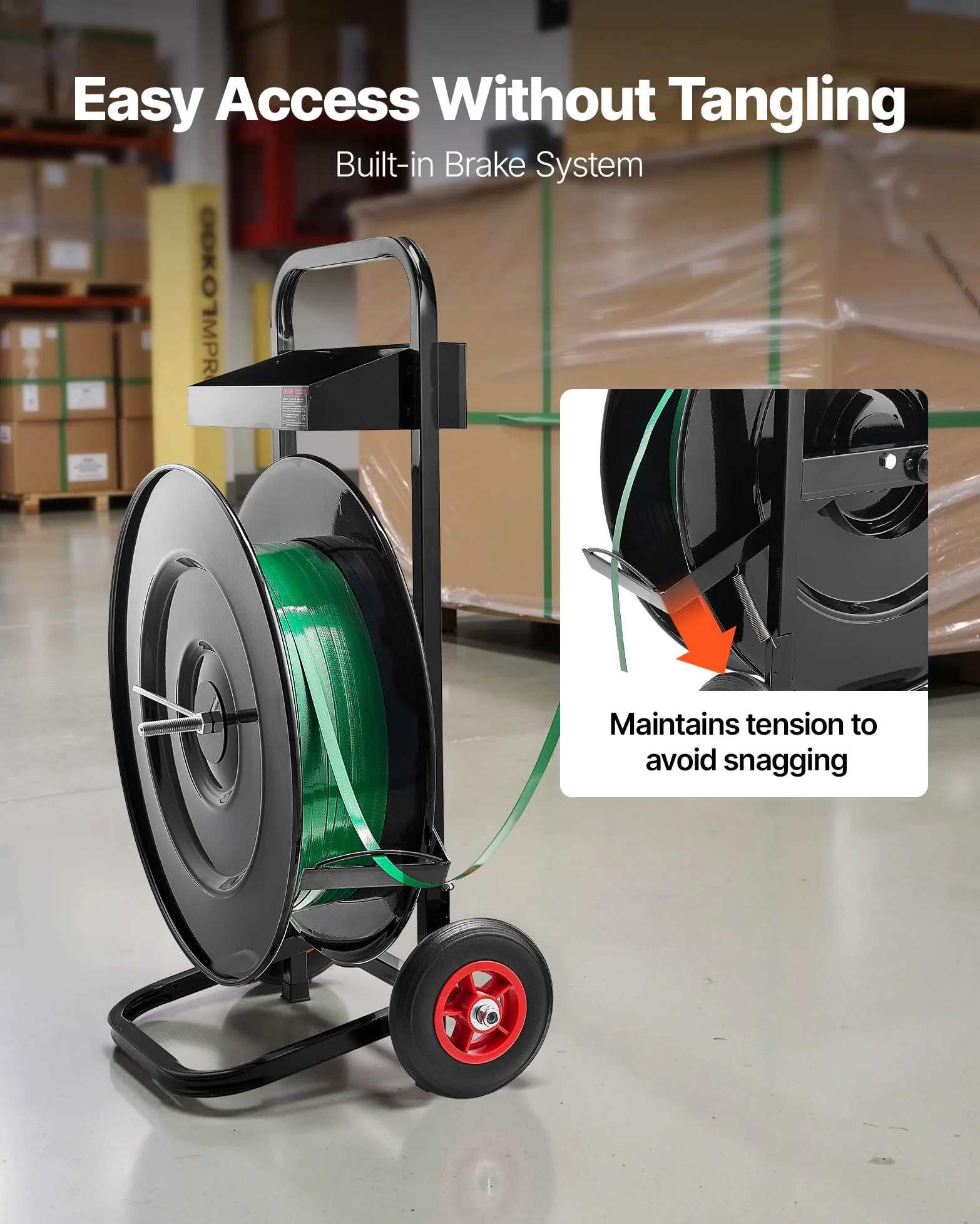 VEVOR Dispensador de Flejes, Adecuado para Rollos de Flejado de PET/PP/Poliéster con Un Tamaño de Núcleo de 203/406 mm, Acero al Carbono Q235, con Sistema de Frenado Mejorado, 410 x 670 x 1000 mm