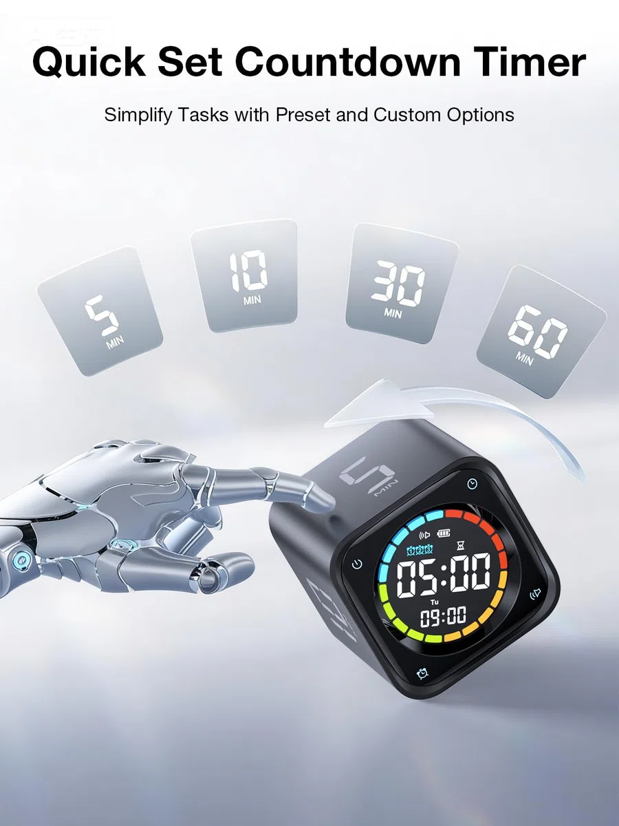 Ticktime TK3 Temporizador Pomodoro con Presets 5/10/30/60 Min, Cuenta Regresiva, Cronómetro y Reloj LED, 3 Alarma, Vibración/Silencio/Sonido, Recargable, para TDAH Oficina Estudios Tareas, Negro