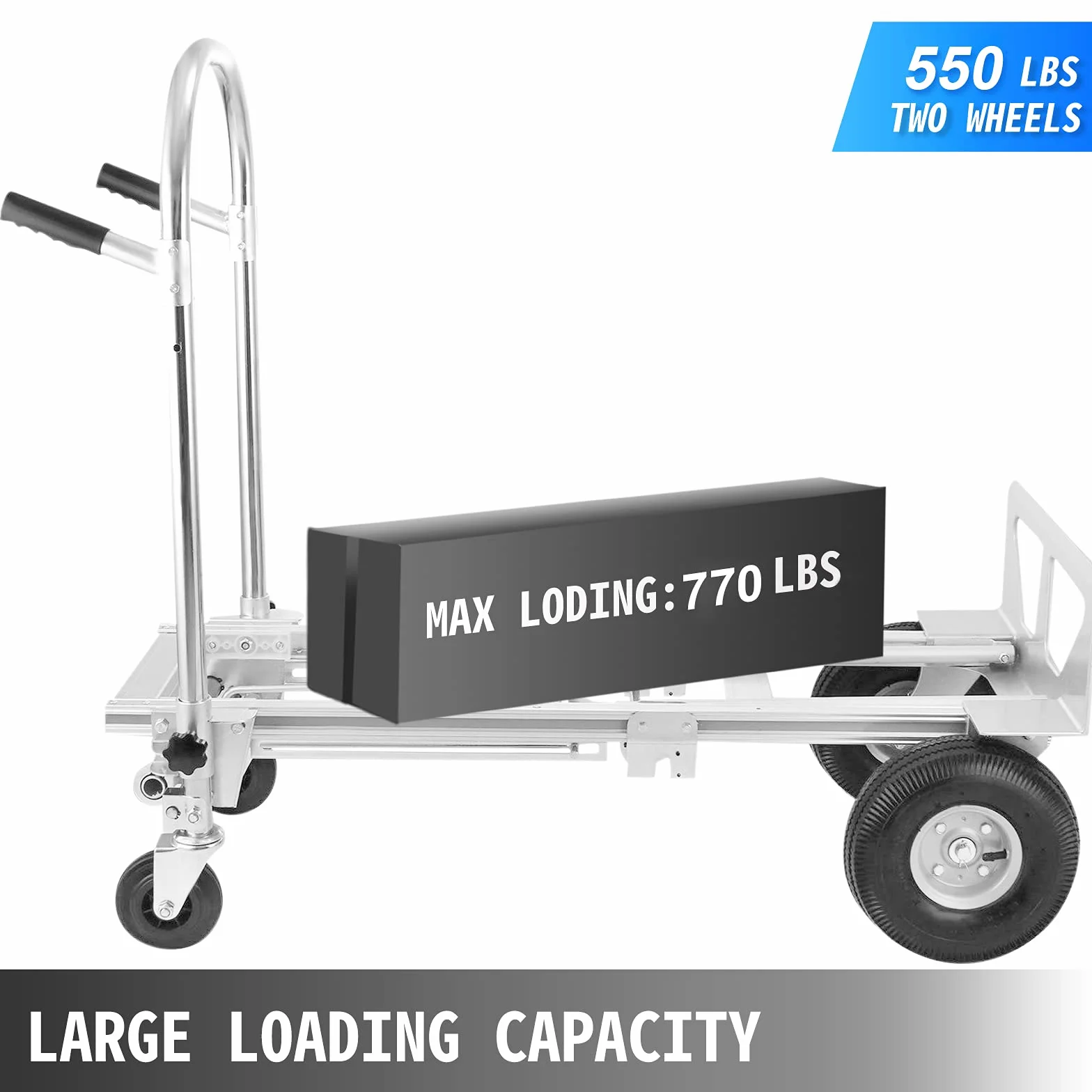 VEVOR 3 en 1 Carretilla de Mano Plegable 350 kg, con Ruedas, Carro de Transporte Apilable Manipulación Manual de Servicio Pesado, Fácil de Operar, Capacidad de Carga de 350 kg, Color Plata