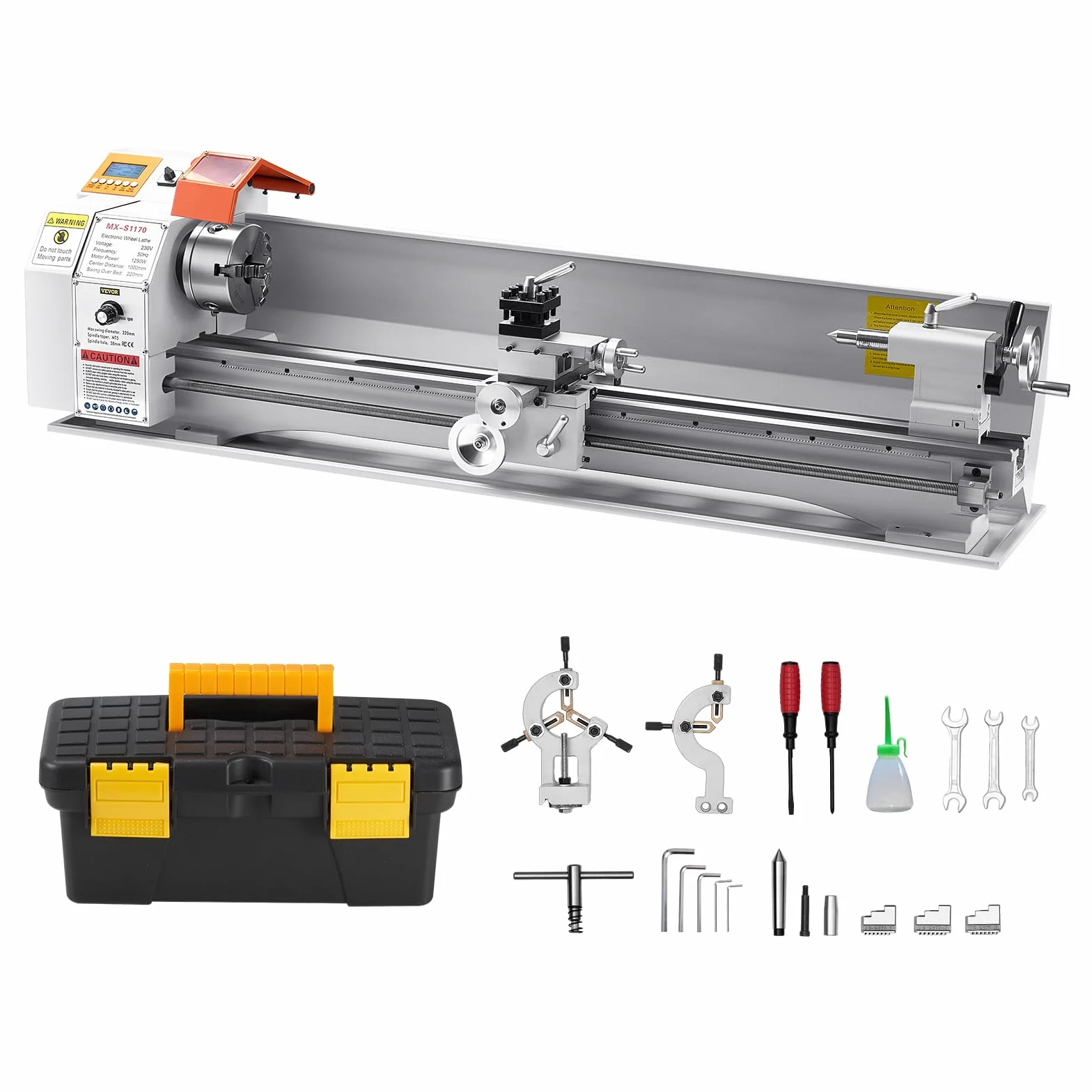 VEVOR Torno de Metal, 220 x 1000 mm Velocidad Variable 2500 RPM, 1250 W Torno de Banco con Alimentación Automática, Sistema de Roscado Electrónico, para Mecanizar Metales Blandos, Plástico