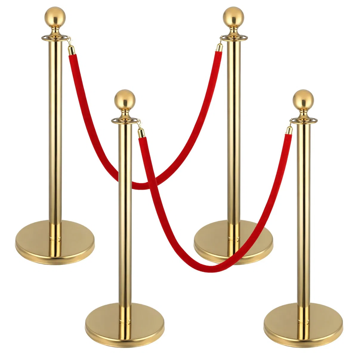 Paquete de 4 postes de acero inoxidable con 3 cuerdas de terciopelo rojo de 5 pies, cuerdas y postes de alfombra roja, puntal dorado y cuerdas de terciopelo, juego de barreras de control de multitudes