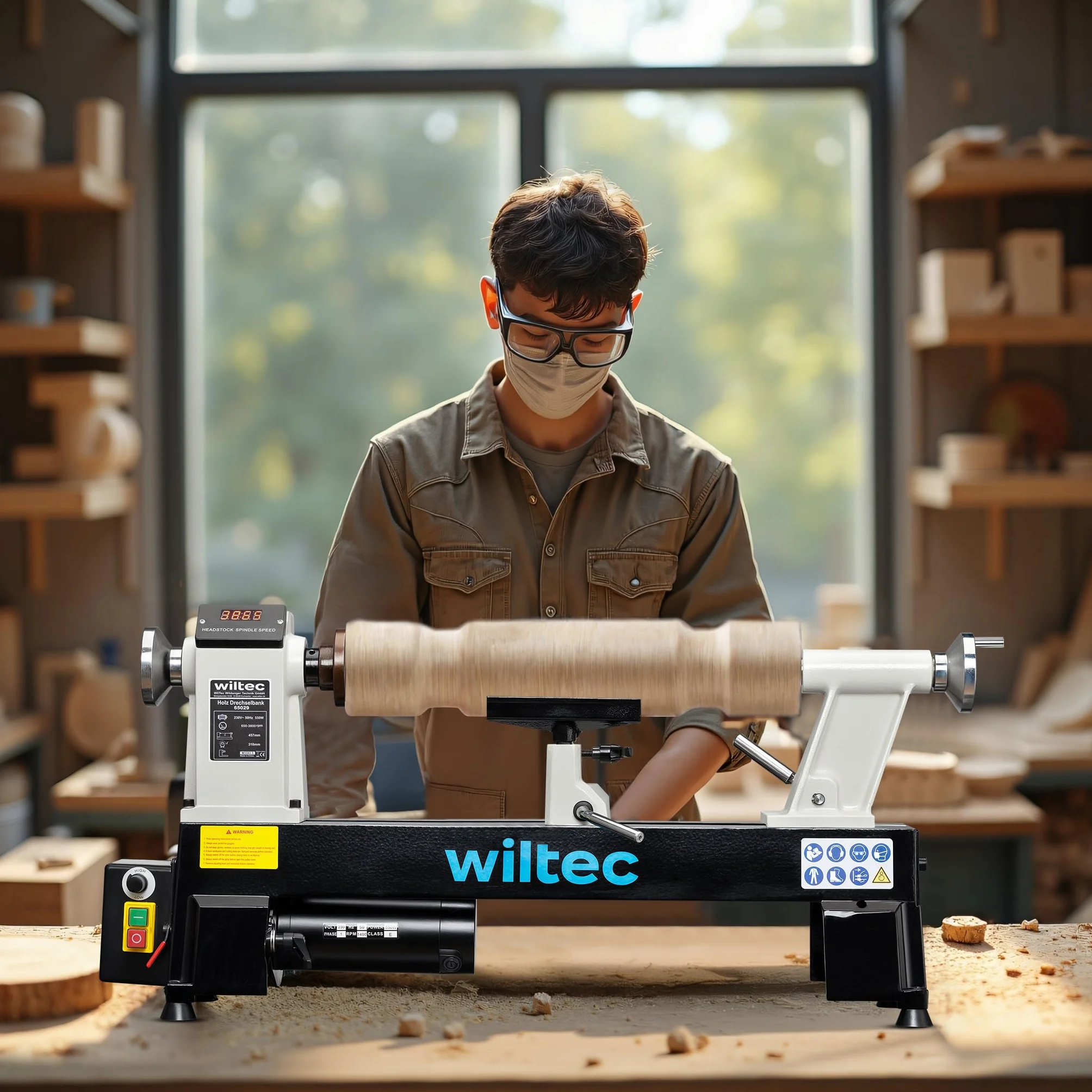 Wiltec Torno de madera 550 W velocidad variable 650-3800 rpm, máquina para madera con placa frontal, herramienta para tornear madera hasta 457 mm de largo
