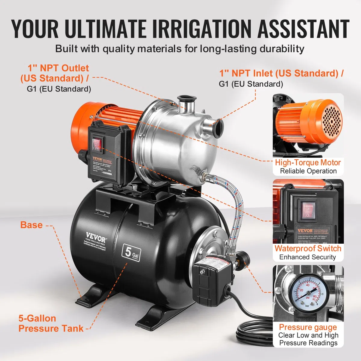 VEVOR Bomba para Pozos Poco Profundos de 1176 W 5600 L/H Con Tanque de Presión de 19 L - Refuerzo de Agua de Riego Automática Con Cabezal de Acero Inoxidable para Césped de Jardín