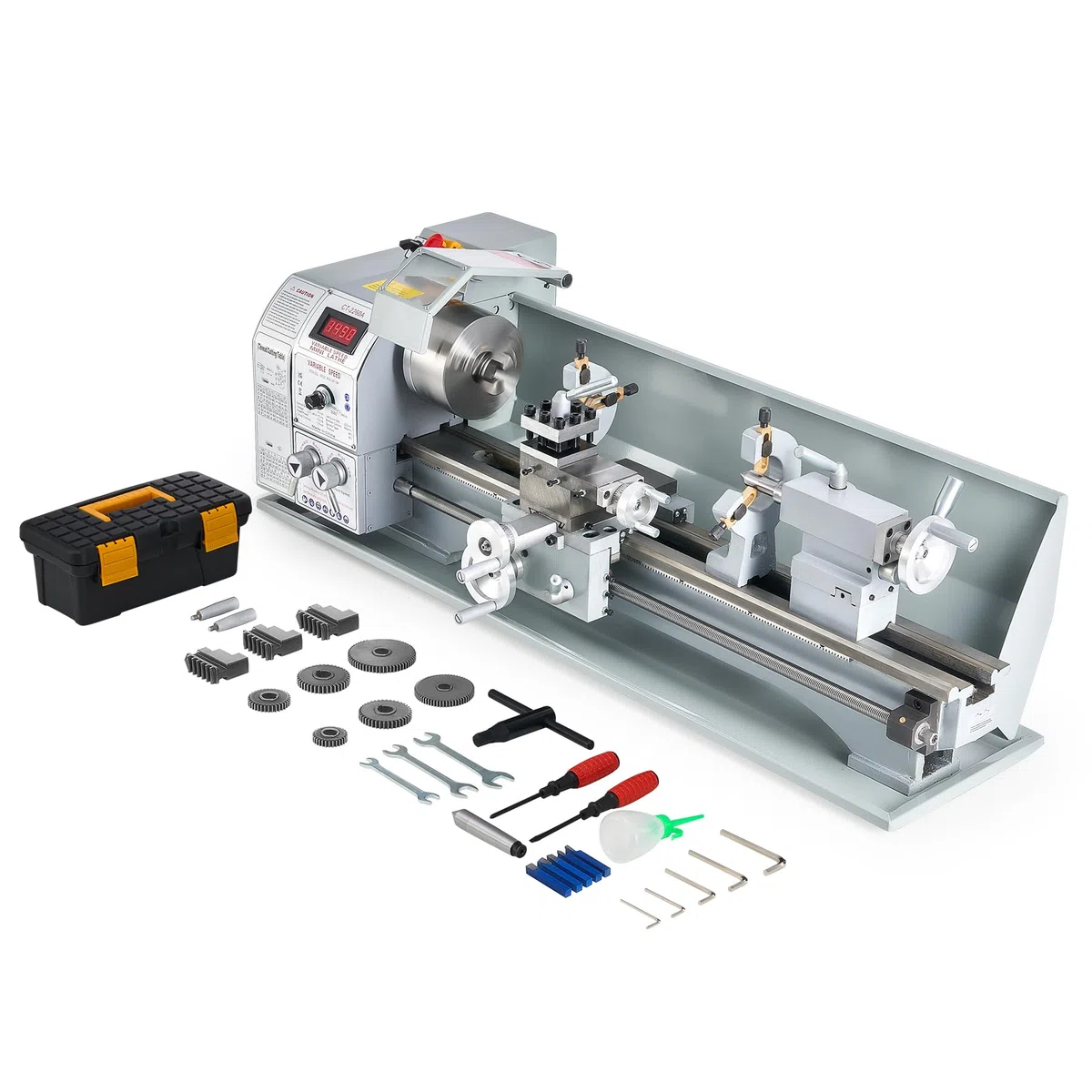 CREWORKS 1100W Mini Torno de Metal de Bancada 220x600mm 9"x24" de Alta Precisión con Portabrocas de 3 Mordazas y Velocidad de Husillo Máx. 3000 RPM Pantalla LCD para Roscado, Torneado, Taladrado