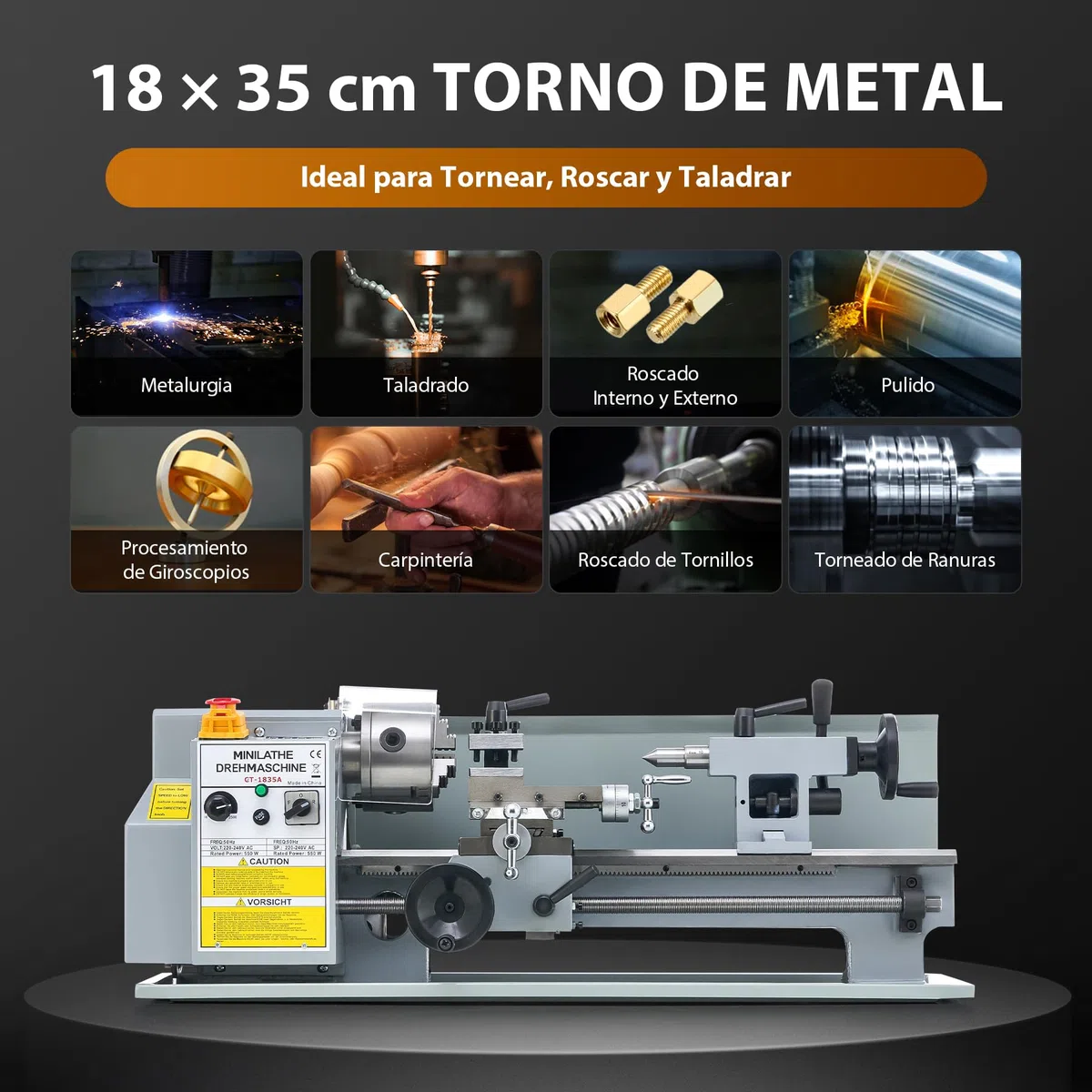 CREWORKS Torno de Metal 180X350MM 550W con Mandril de 3 Mordazas Torno para Metal de Sobremesa con Velocidad 2500 rpm Torno de Metal para Torneado de Metales