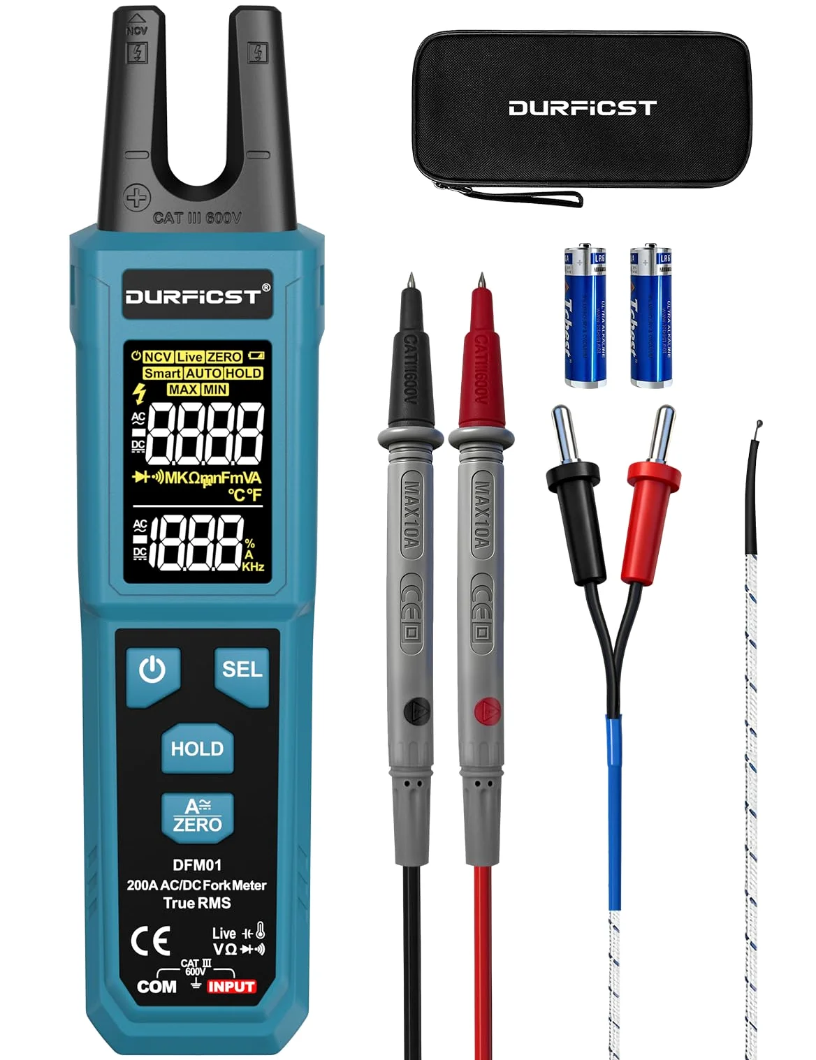 Pinza Amperimétrica Digital DURFICST de 4000 Cuentas, TRMS Amperímetro de Pinza con Medición de Corriente AC/DC de 200 A y Voltaje de 600 V, Prueba NCV, Medición de Capacitancia, Temperatura