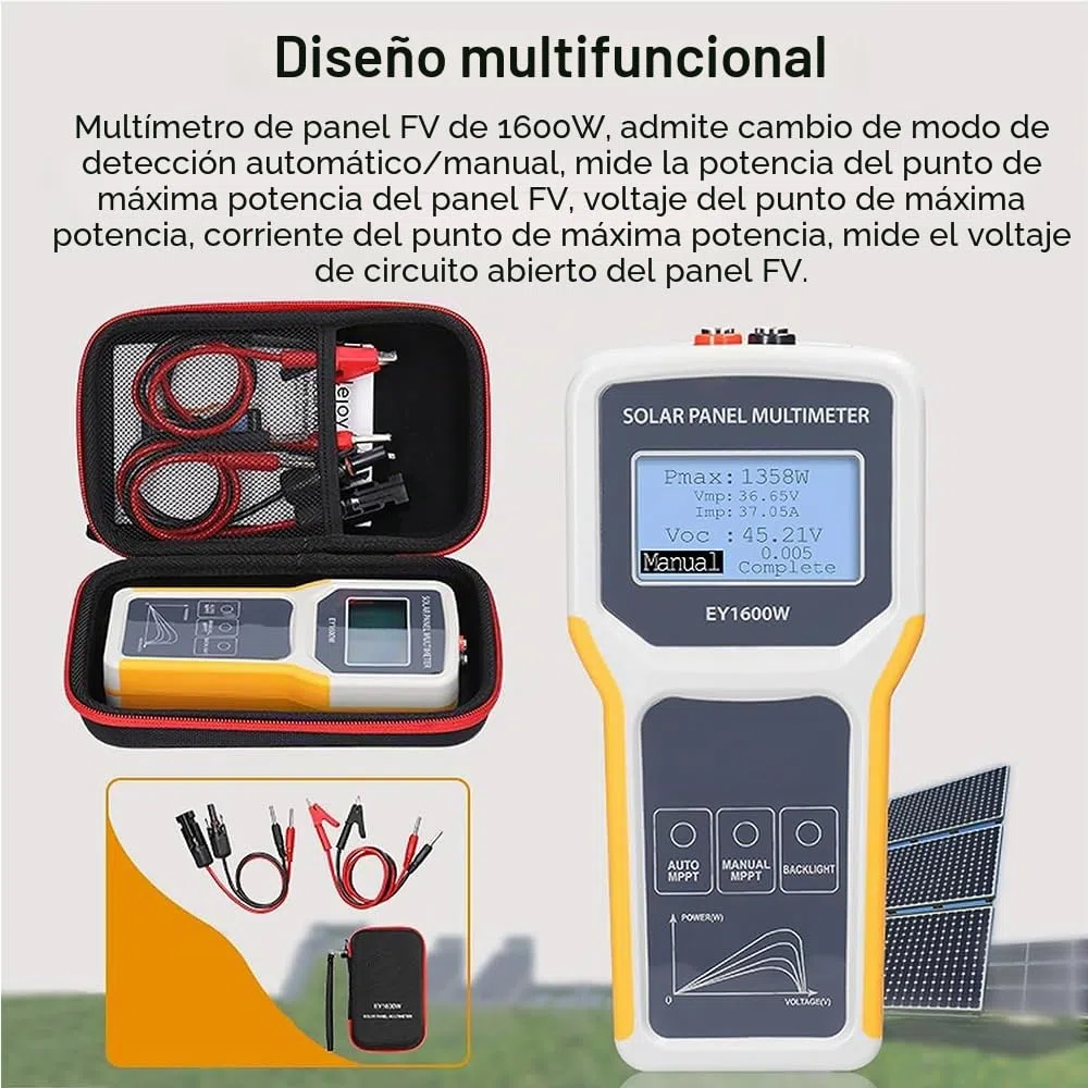 Multímetro de panel solar, probador MPPT de panel solar de 1600 W, probador de voltaje de circuito abierto, voltaje de punto de potencia de masa, medidor de prueba de potencia actual con LED