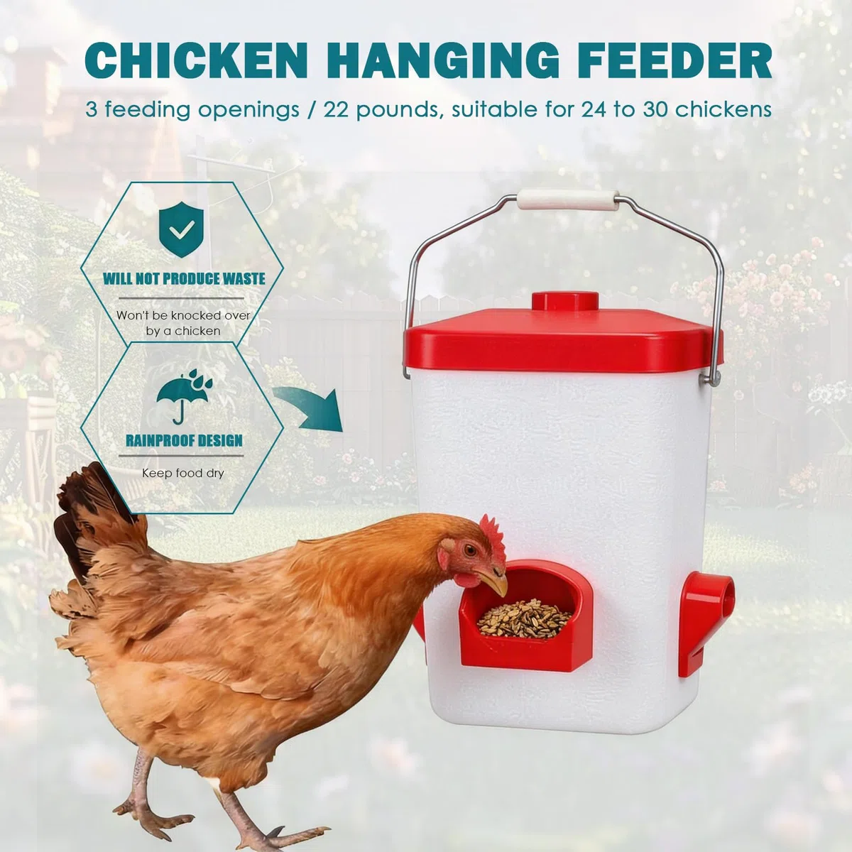 Set Comedero y Bebedero Automático para Gallinas en Blanco y Rojo, Comedero Gallinas Anti Ratas con Manguera de Riego y Kit Completo de Accesorios de Montaje