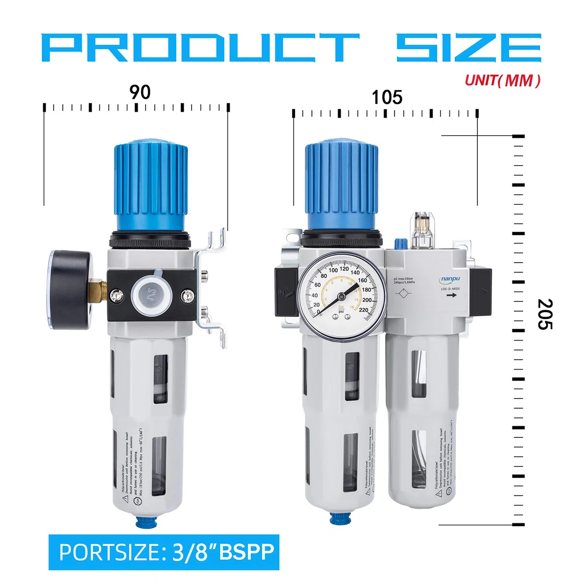 NANPU 3/8" BSP Filtro, Regulador y Aparato Lubricante de Aire, Alta Presión, Aleación de Zinc, Elemento de Latón de 5 μm, Drenaje Semiautomático, Soporte de Metal, Manómetro de 0-10 Bar