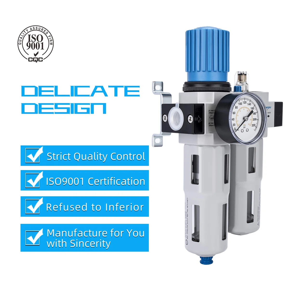 NANPU 3/8" BSP Filtro, Regulador y Aparato Lubricante de Aire, Alta Presión, Aleación de Zinc, Elemento de Latón de 5 μm, Drenaje Semiautomático, Soporte de Metal, Manómetro de 0-10 Bar