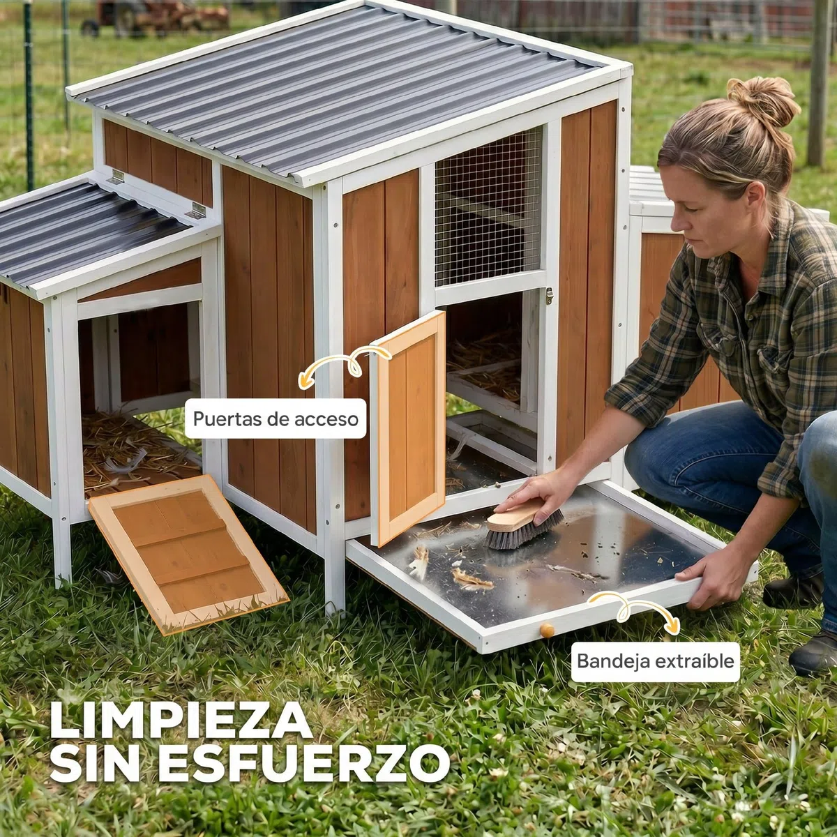 PawHut Gallinero para Exterior de Madera, 145x90x92 cm para 2-4 Gallinas, Gallinero con Nido, Casa Lateral, Bandeja Extraíble, Techo Impermeable, Puertas con Cerradura, Perchas, Conejera, Marrón Claro