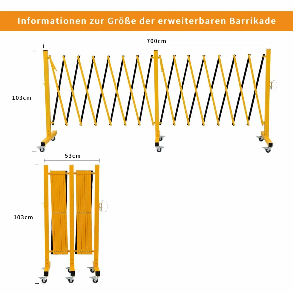 Barricada de metal expandible industrial de 7 metros, amarillo y negro, barrera de seguridad fácil de instalar con ruedas, barrera de seguridad móvil flexible, valla de tráfico ajustable