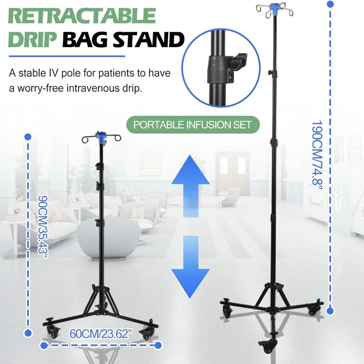 Soporte para Suero con Ruedas | Soporte Intravenoso para Hospital con Gancho para Botella | Equipo Plegable con Ruedas para Clínicas Asistencia Domiciliaria Uso Diario Interior Y Exterior