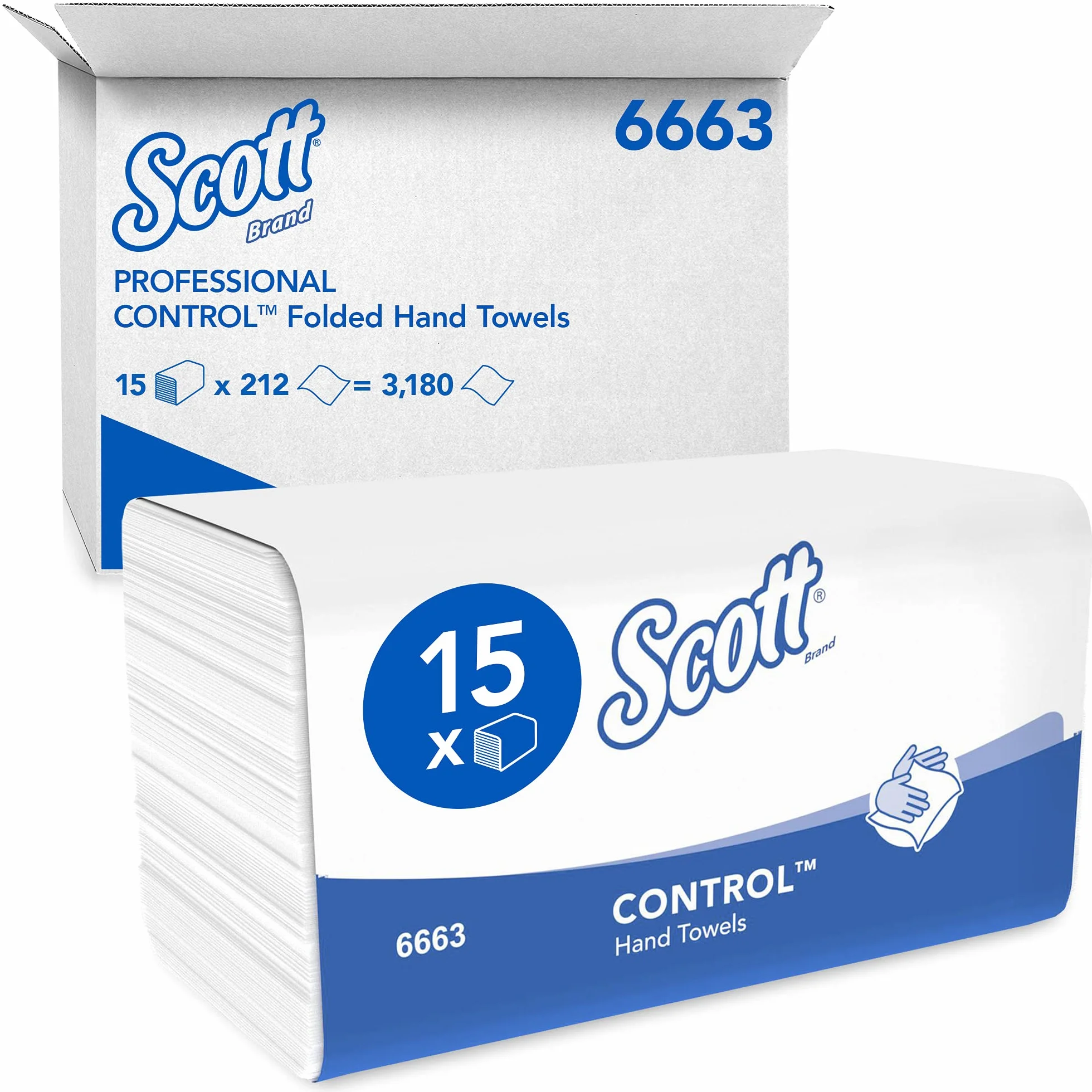 Scott Control Secamanos interplegados 6663, Papel secamanos plegado en M, 1 Capa, Absorbente y Resistente, 15 Paquetes x 212 Hojas de Papel Blancas (3.180 en total)
