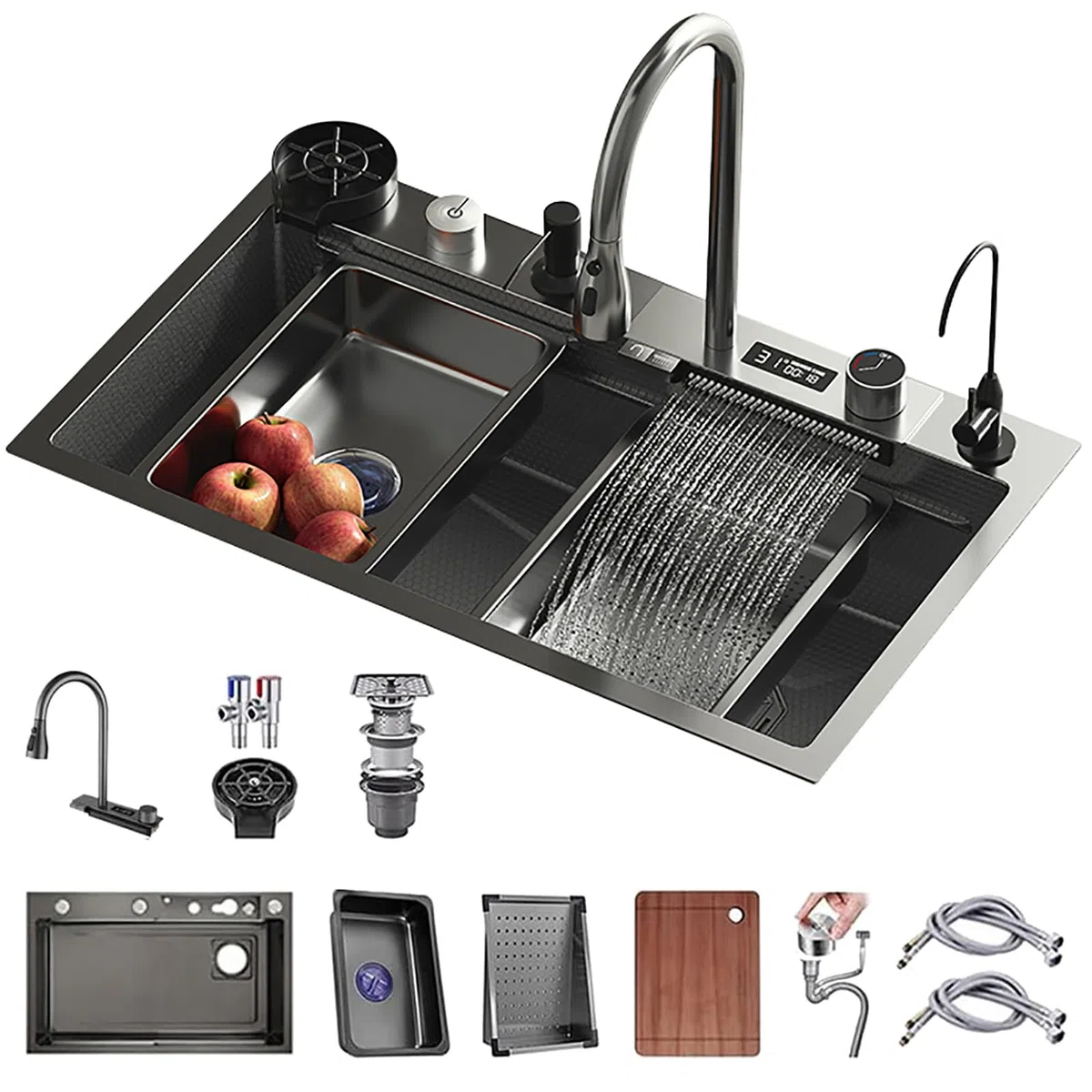 Fregadero de Cocina de 75x45cm, Moderno fregadero en cascada 1 seno, lavadero cocina en acero inoxidable, Fregadero Multifuncional con Grifo, Escurridor, Sifón y Kit de Rebosadero