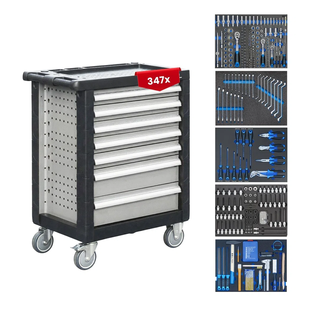 SW-Stahl Z3705 Carro de Taller con 347 Herramientas y 7 Cajones | Incluye 5 módulos equipados con 347 piezas, protección de cantos, cierre rápido y organizadores para taller mecánico.