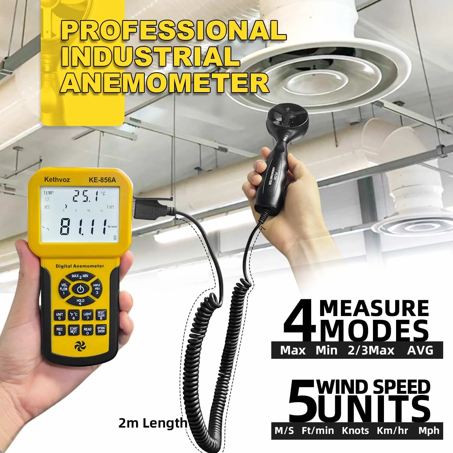 Kethvoz Anemómetro HVAC Medidor de Viento, CFM Meter Flujo Aire Velocidad Metro Industrial Anemometer Wind Speed Logger PC USB Connectable, Test Air Flow Volume Velocity Temperature