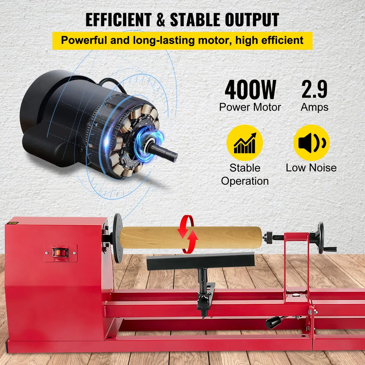 Torno de madera (400 W, 1100 – 3400 rpm, diámetro 350 mm, ancho de jeringa: 1000 mm, disco plano de 140 mm), color rojo