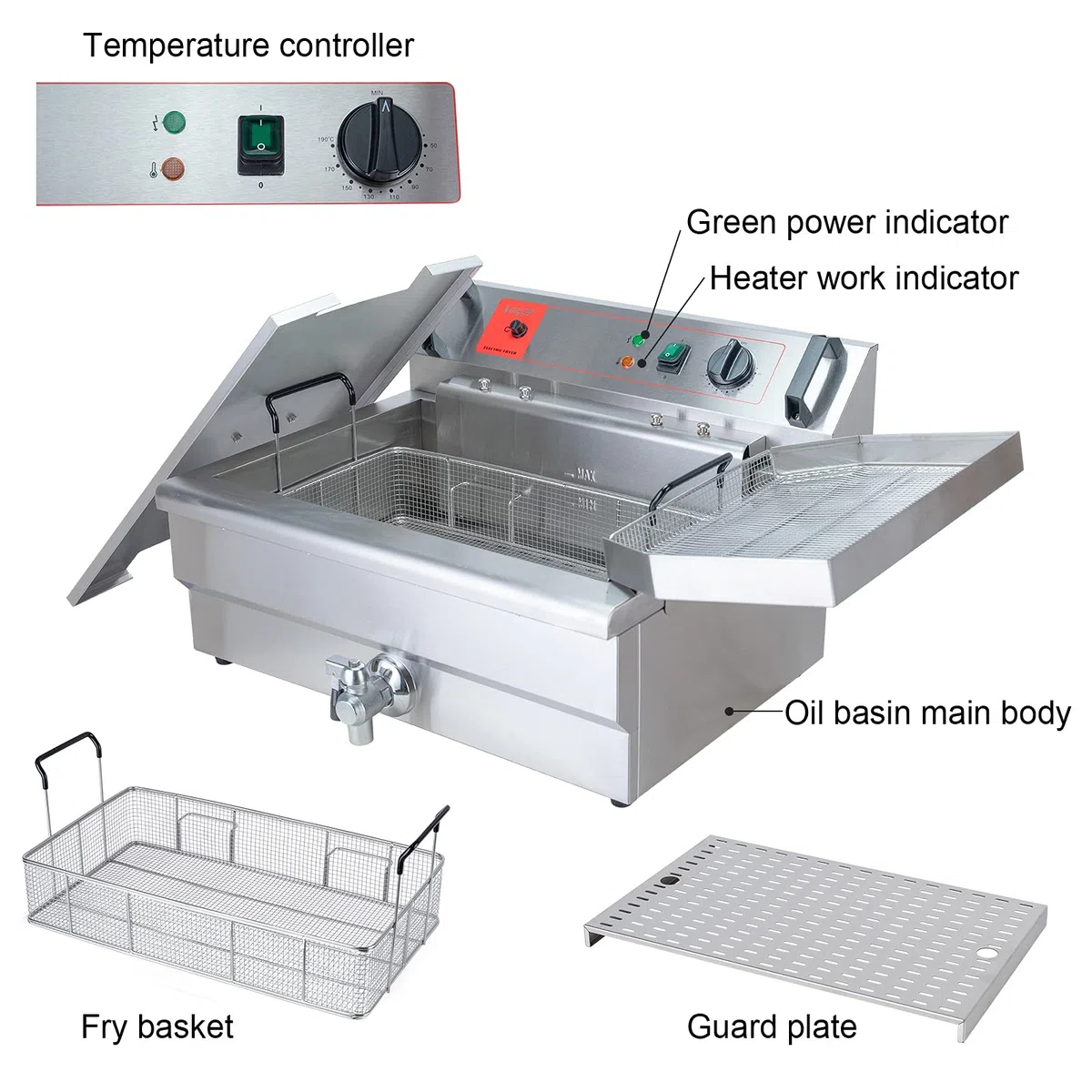 Valgus Freidora eléctrica comercial acero inoxidable 3000W 30L con cesta y tapa
