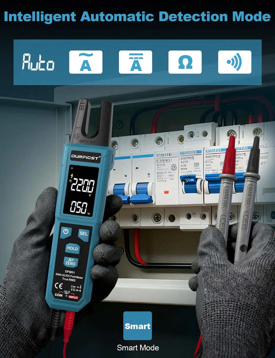 Pinza Amperimétrica Digital DURFICST de 4000 Cuentas, TRMS Amperímetro de Pinza con Medición de Corriente AC/DC de 200 A y Voltaje de 600 V, Prueba NCV, Medición de Capacitancia, Temperatura