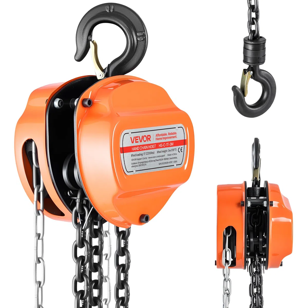 VEVOR Polipasto de Cadena Manual, Polipasto de Polea Resistente con Cadena Galvanizada G80 Mejorada, Altura de Elevación de 3 m Carga de 1 T para Garaje, Almacén y Maquinaria Automotriz, Naranja