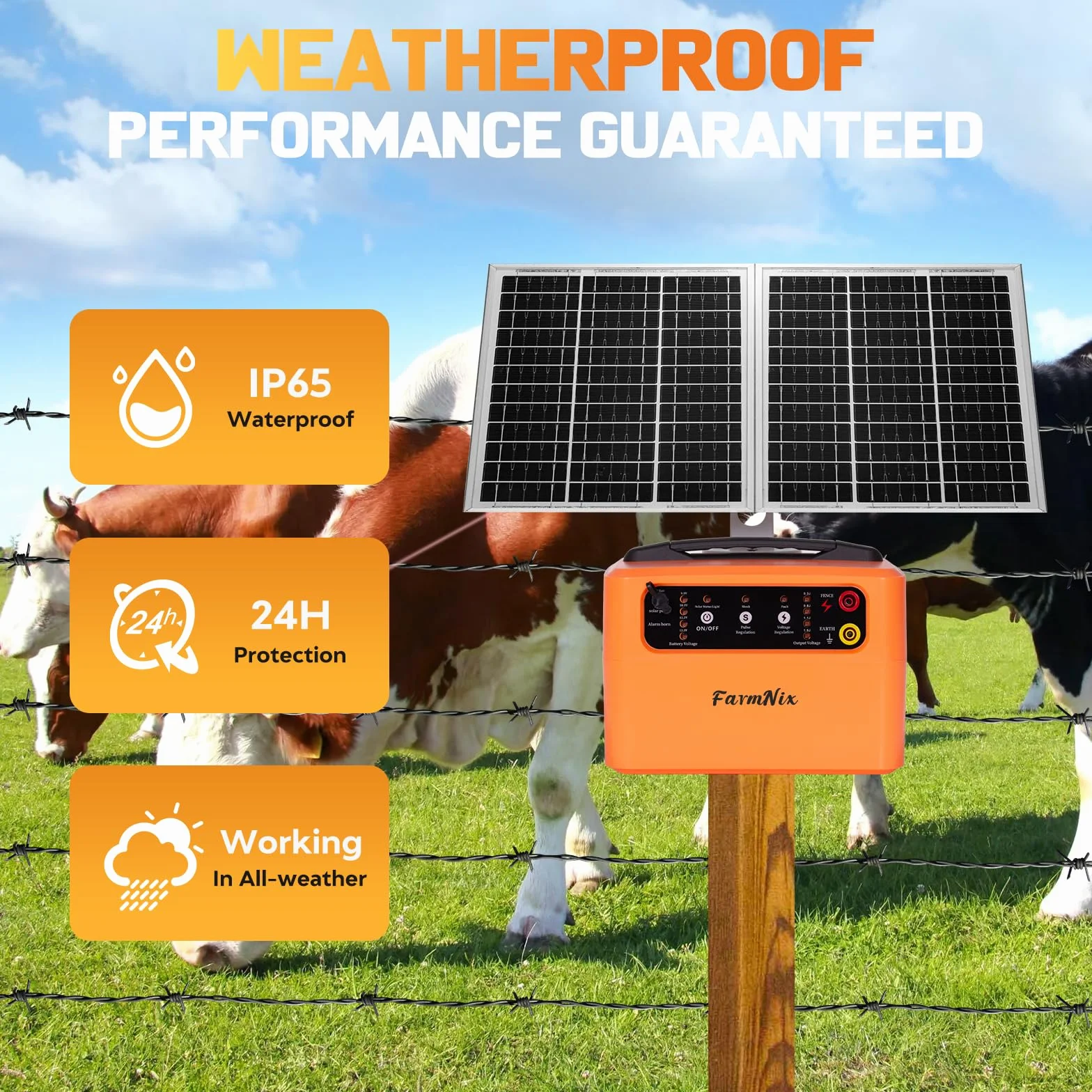 48KM Pastor Eléctrico Solar, Recinto eléctrico con panel solar de 15 W,0.3-1.5J, 6KV-12KV pastor eléctrico, para vacas, ganado, cría de aves de corral, pastor (naranja)