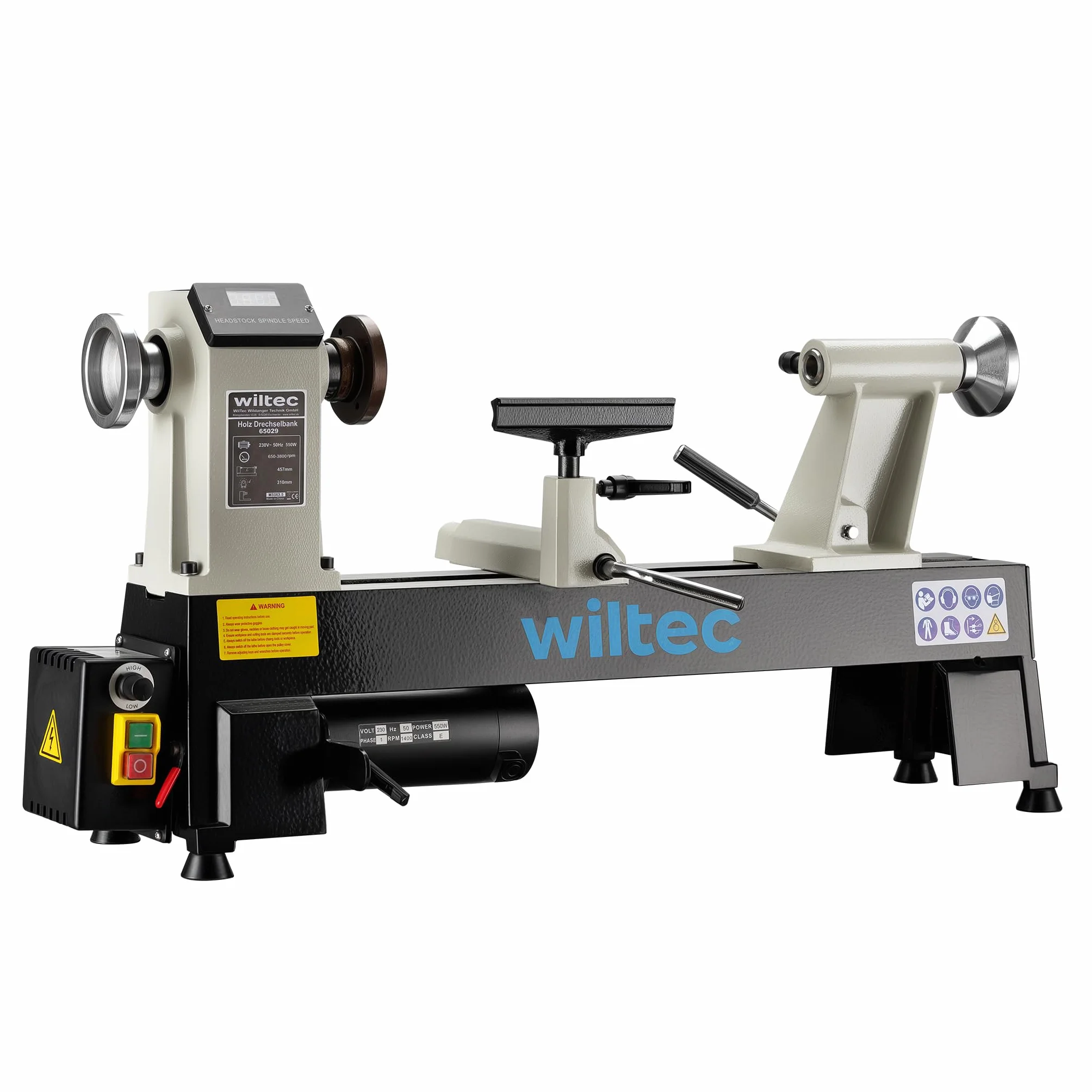 Wiltec Torno de madera 550 W velocidad variable 650-3800 rpm, máquina para madera con placa frontal, herramienta para tornear madera hasta 457 mm de largo