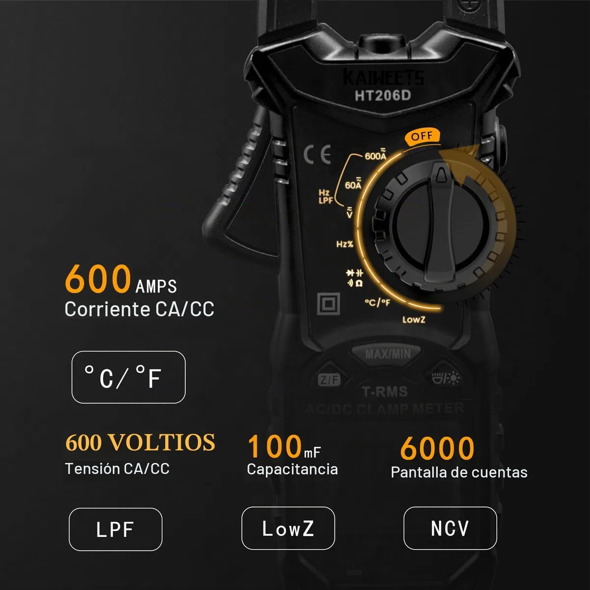 KAIWEETS HT206D Digital Pinza Amperimétrica Profesional para medir 600A CA/CC Corriente y Tensión con 6000 Cuentas, Valor Real, Autorango, NCV, Pinza de Capacitancia, Resistencia, Bateria