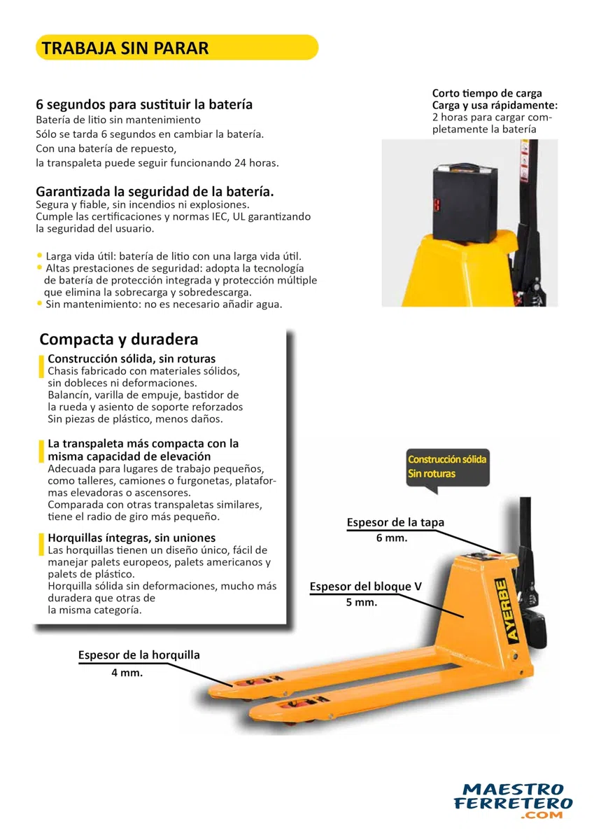 Transpaleta Eléctrica 2000 kg con Ruedas PU 48V Batería 10Ah Silenciosa para Suelos Epoxi CE