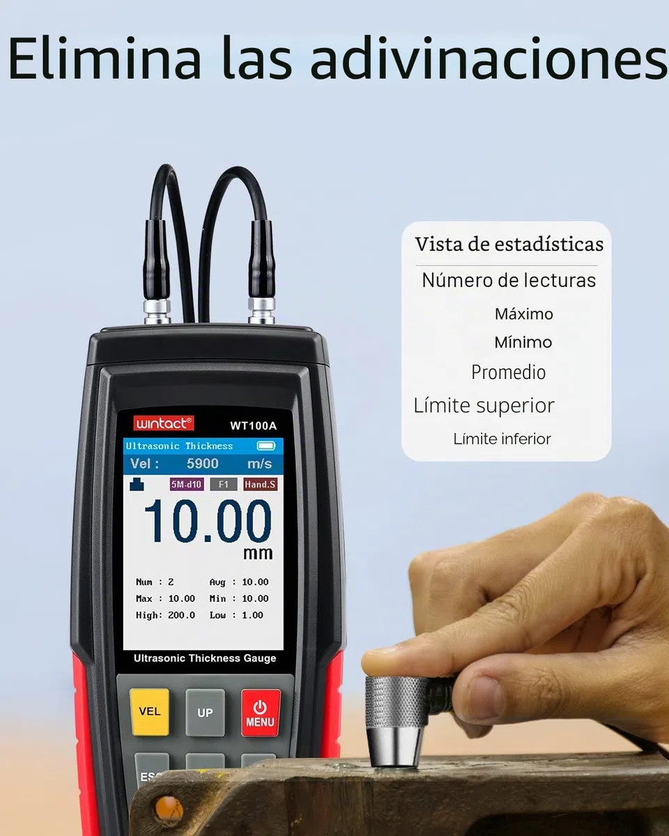 Medidor de espesor ultrasónico digital Wintact, rango de 1.00 a 300mm con sonda para medir materiales metálicos y no metálicos, acero, paredes de cilindros, plástico, vidrio, PVC, tuberías (WT100A)