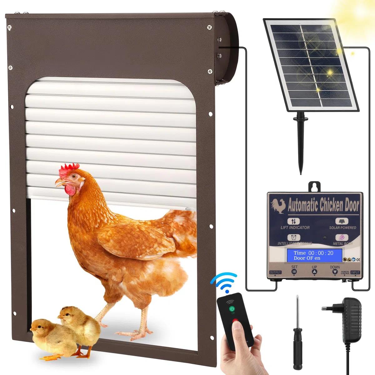Aluminum - Puerta Automática para Gallinas Con Temporizador, Solar Con LCD, Mando a Distancia, Manual y Automática, Protección Inteligente para Gallinero