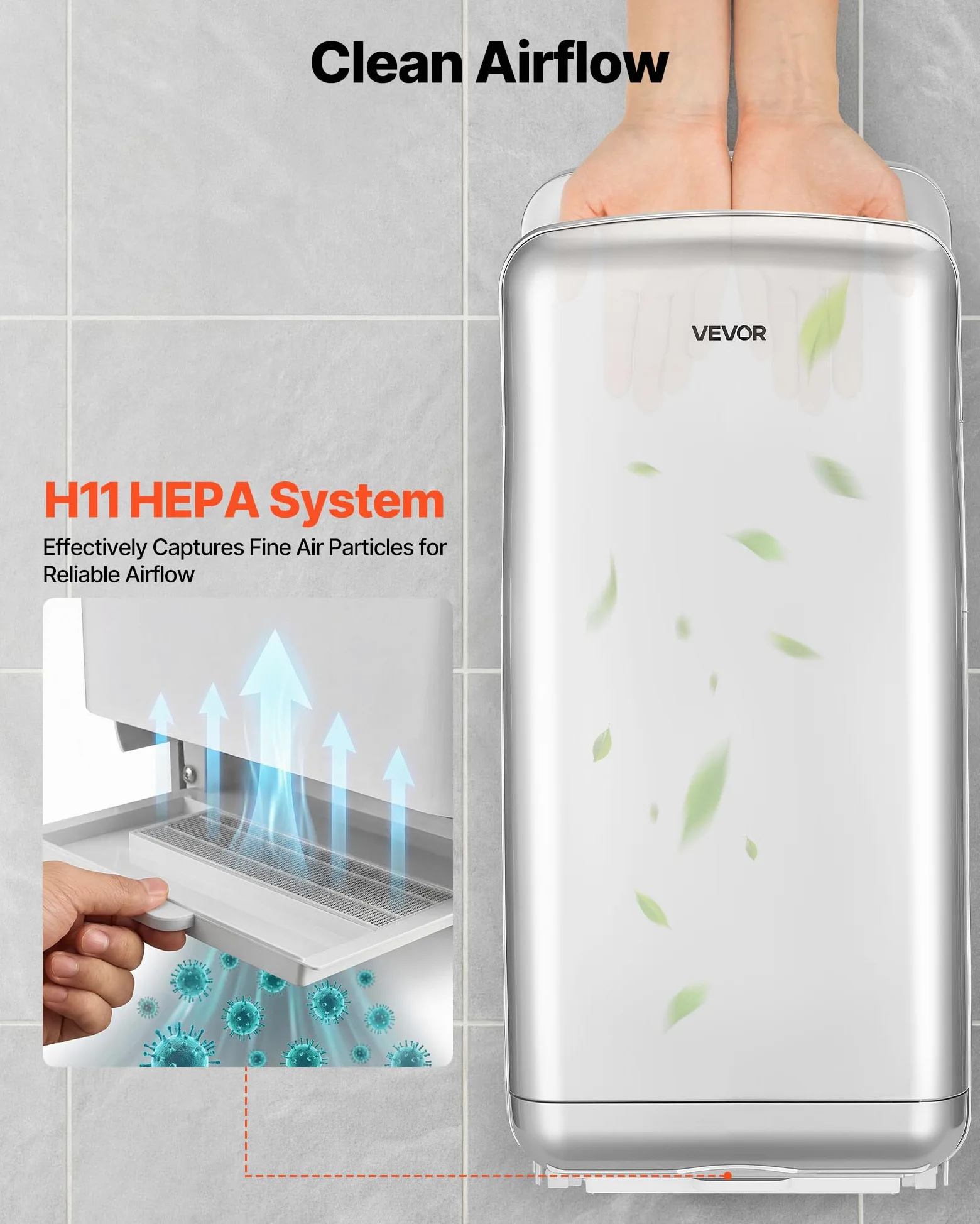 VEVOR Secador de Manos Eléctrico con Filtro HEPA, 1950 W, 19000 RPM, con Flujo de Aire de 100 m/s Doble Cara, Sensor Infrarrojo para Centros Comerciales Oficinas Hoteles Baños Hogares, Color Plateado