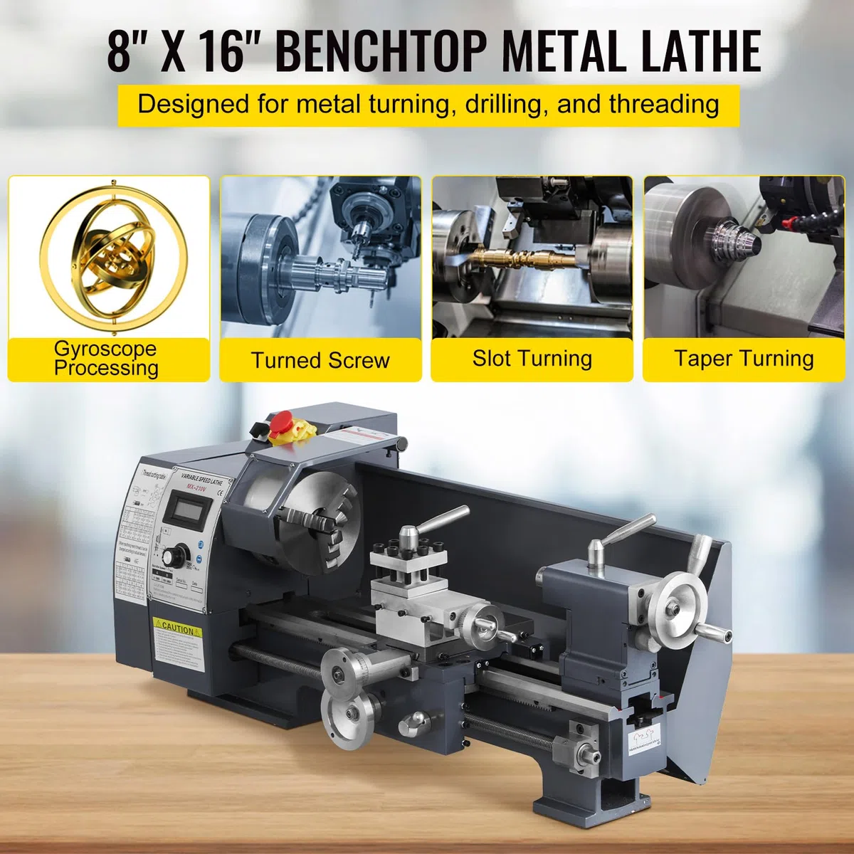 VEVOR Torno de Metal 210x400 mm Mini Torno de Madera Pantalla Digital Velocidad Variable 50-2500 rpm Kit de Torno Electrónico Fresas Portabrocas Herramientas de Medición para Trabajos de Precisión