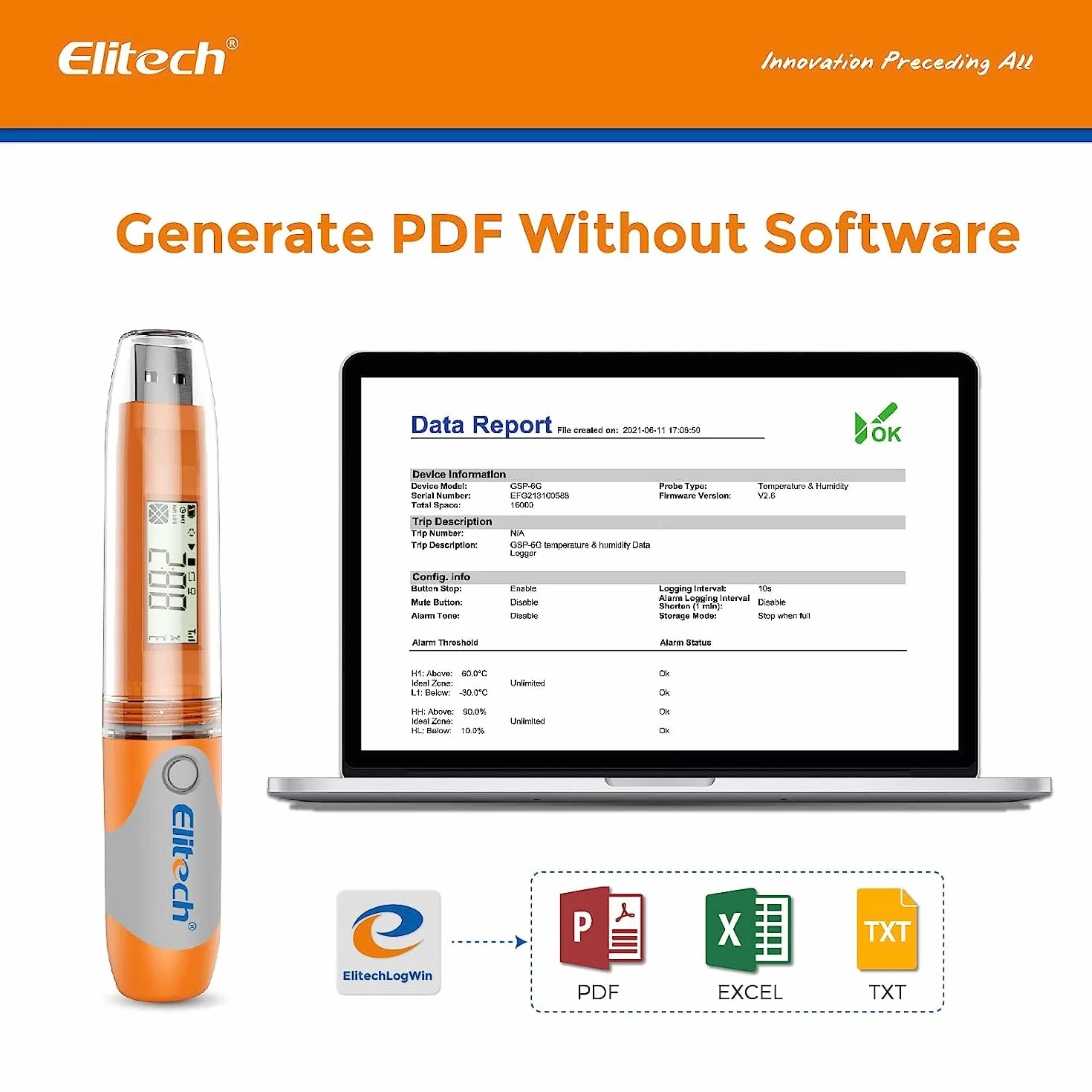 Elitech Registrador de Datos de Temperatura y Humedad Data Logger USB, 32000 grabaciones, PDF CSV&PDF Alarmas RC-51H 10Packs