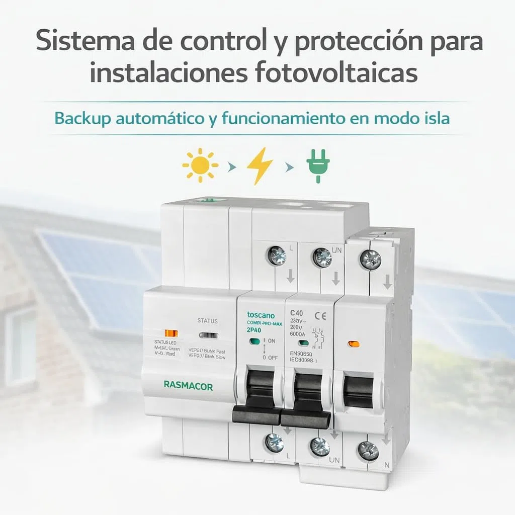 Tóscano 10004923 COMBI-PRO-MAX-2P40 | Backup y Modo Isla | Sistema de Control y Protección para Instalaciones Fotovoltaicas | IGA 2P 40A 6KA 230VAC con Protección de Sobretensiones