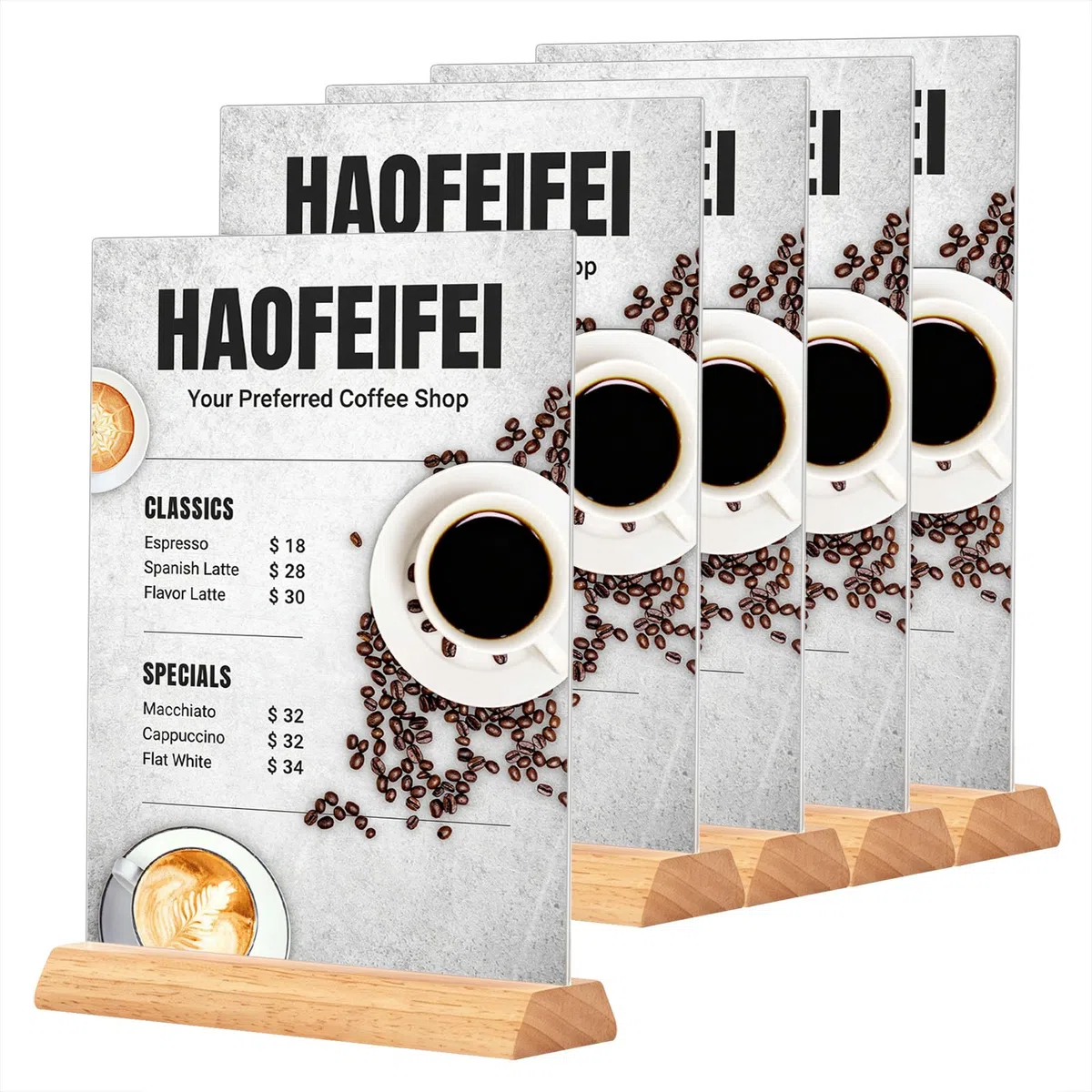 Expositor Metacrilato A4 con Soporte de Madera (Pack de 5), Porta Menús Doble Vista, A4 Soporte de Mesa T-Forma para Restaurante Hotel Bar Taberna Cafetería Bar, Inserción Directa