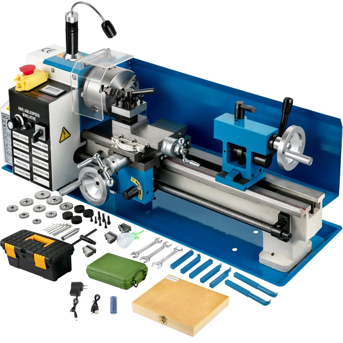 550W Mini Torno Paralelo de Metal 180x350mm de Alta Precisión con Portabrocas de 3 Mordazas y Velocidad de Husillo 50-2500 rpm para Roscado, Torneado y Taladrado (Engrane Metálico)